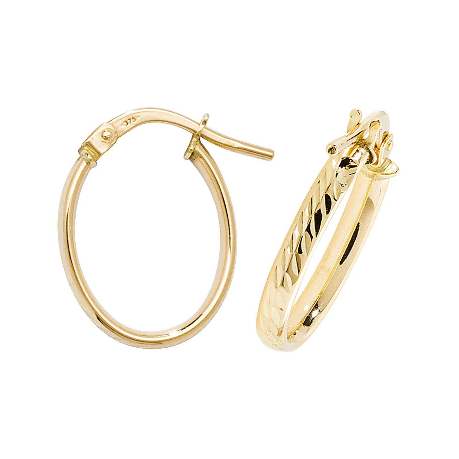 9CT YEL GOLD OVL DC HOOP EARRINGS