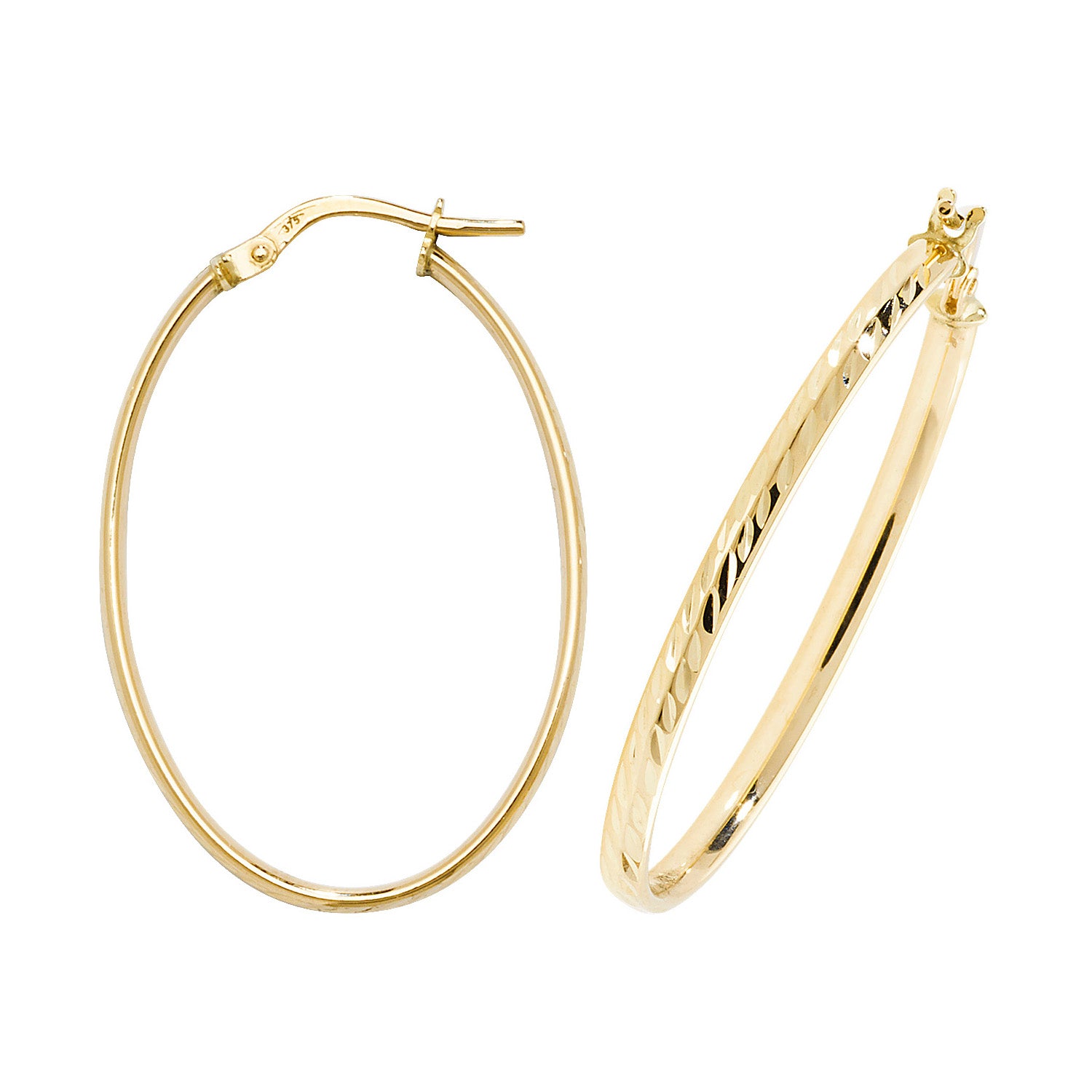 9CT YEL GOLD OVL DC HOOP EARRINGS