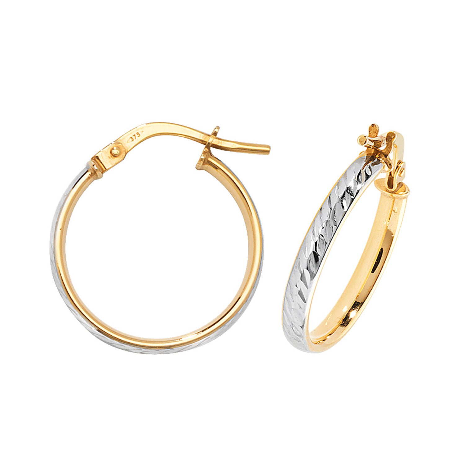 9CT YEL/WHT GOLD 15MM DC HOOP EARRINGS