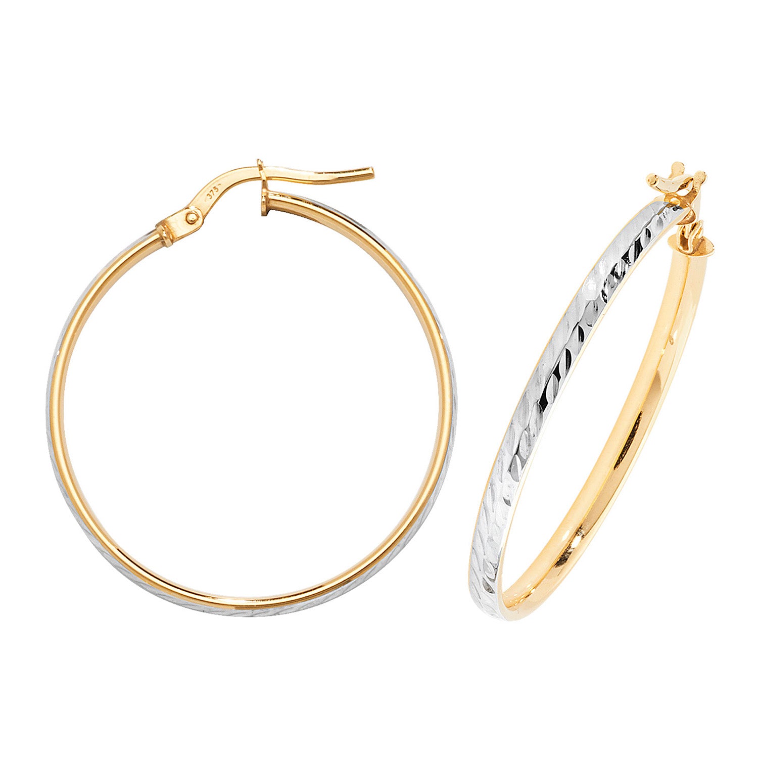 9CT YEL/WHT GOLD 25MM DC HOOP EARRINGS
