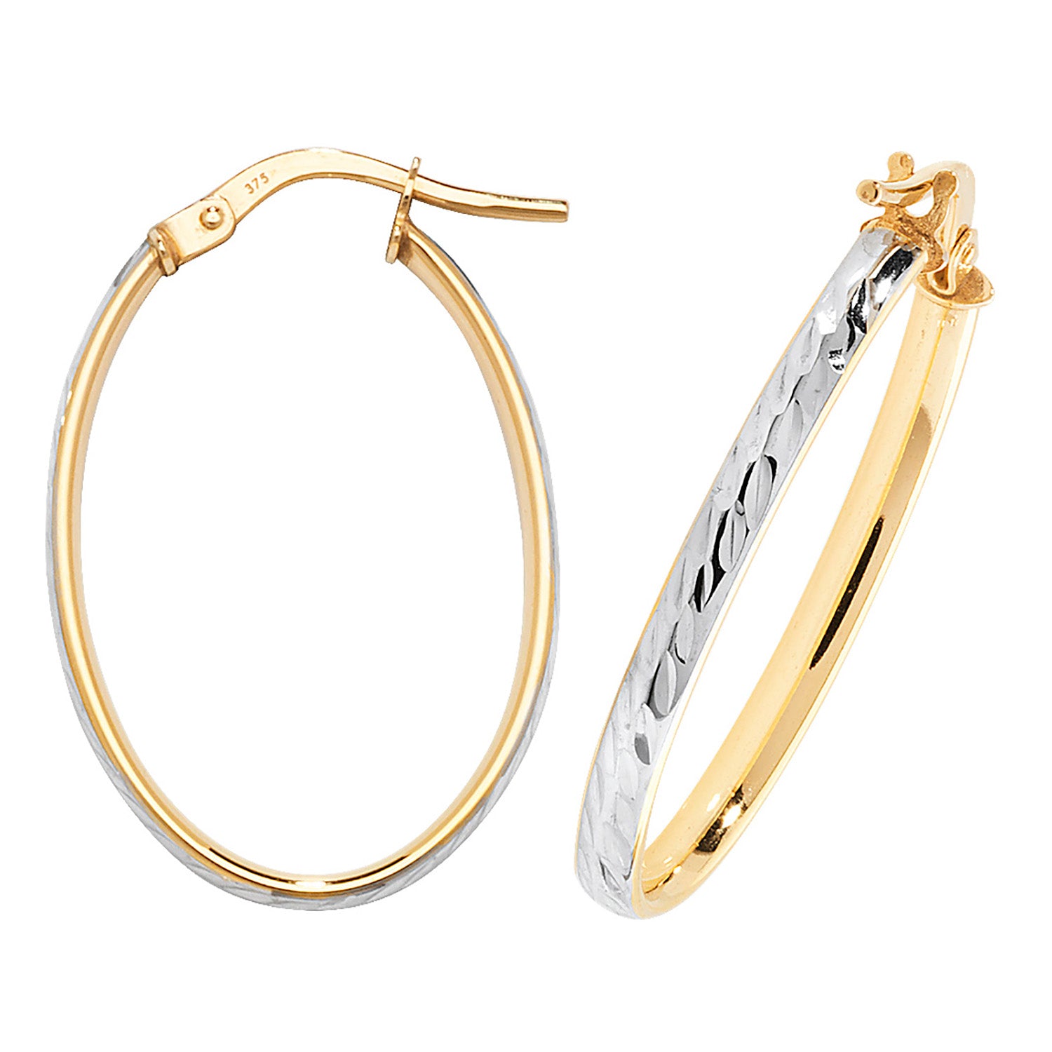 9CT YEL/WHT GOLD OVL DC HOOP EARRINGS