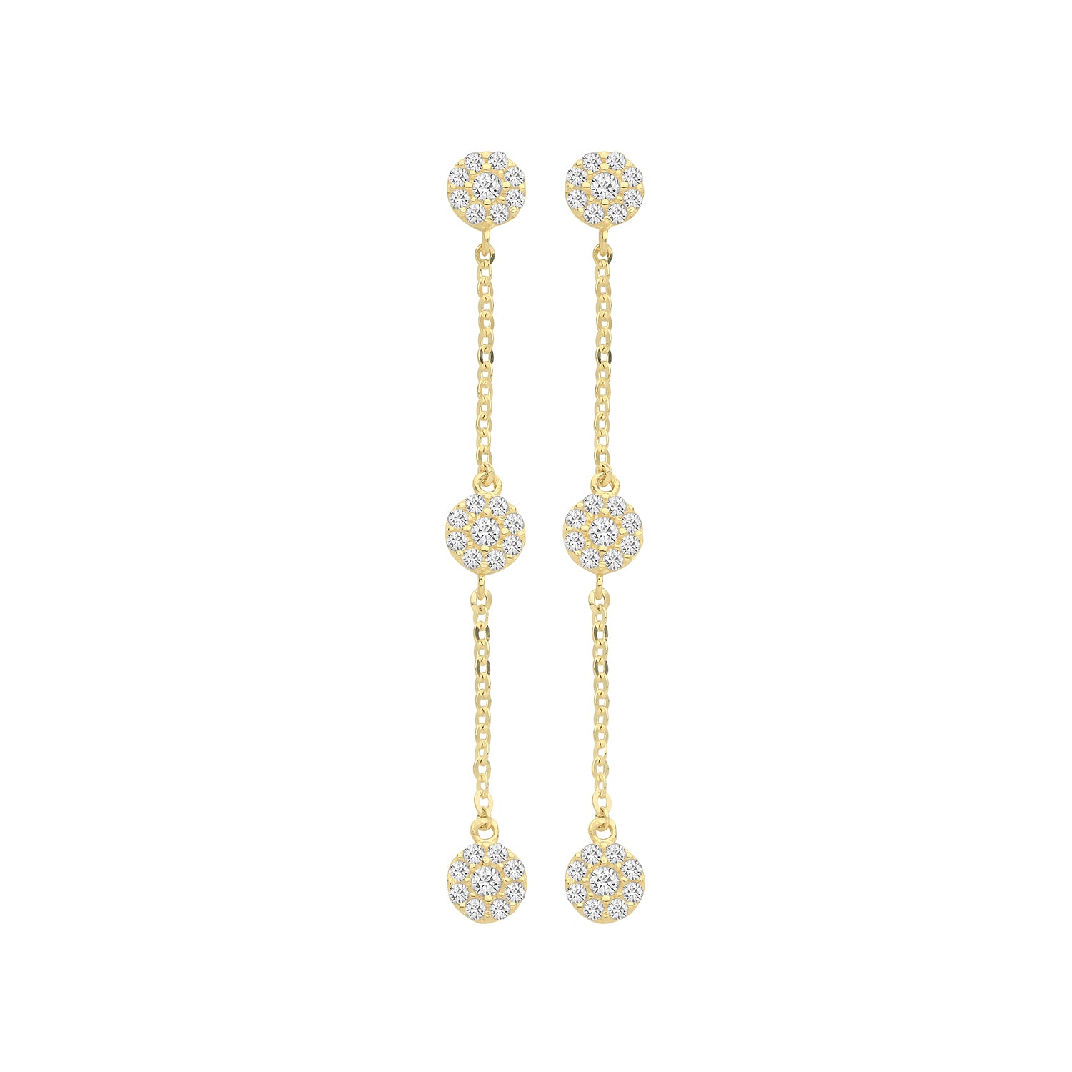 9CT YEL GOLD 3 CZ CIRCLES DROP EARRINGS