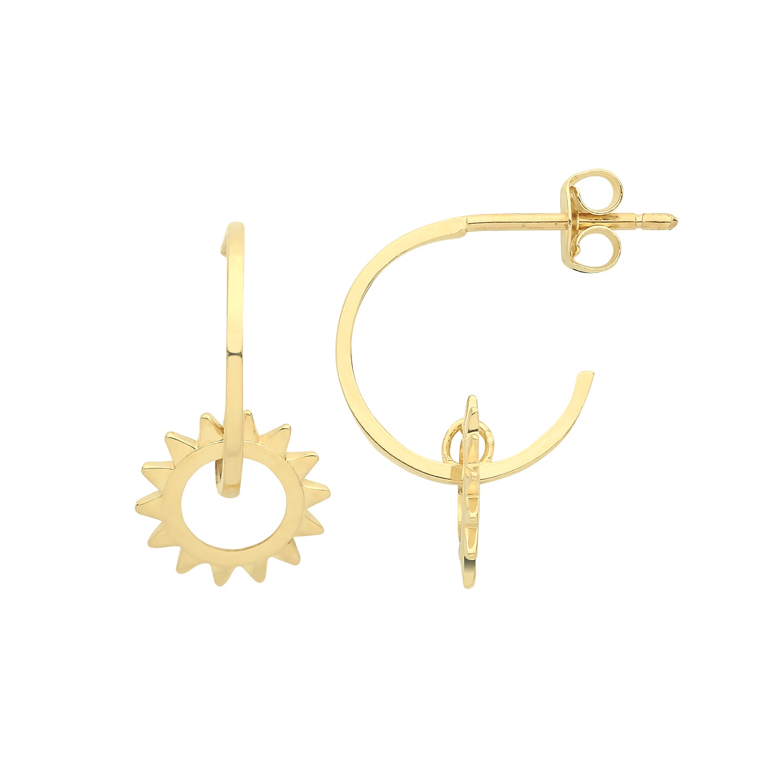 9CT YEL GOLD SUN HALF HOOP EARRINGS