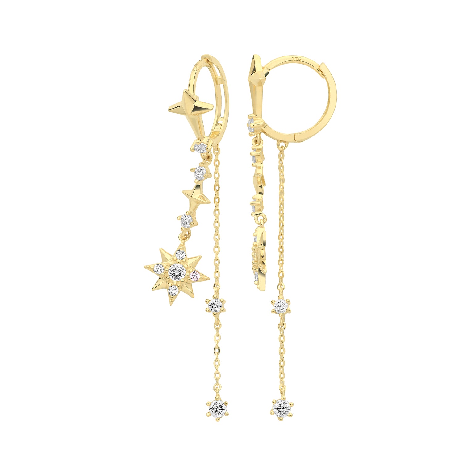 9CT YEL GOLD CZ STAR CHARM DROP EARRINGS