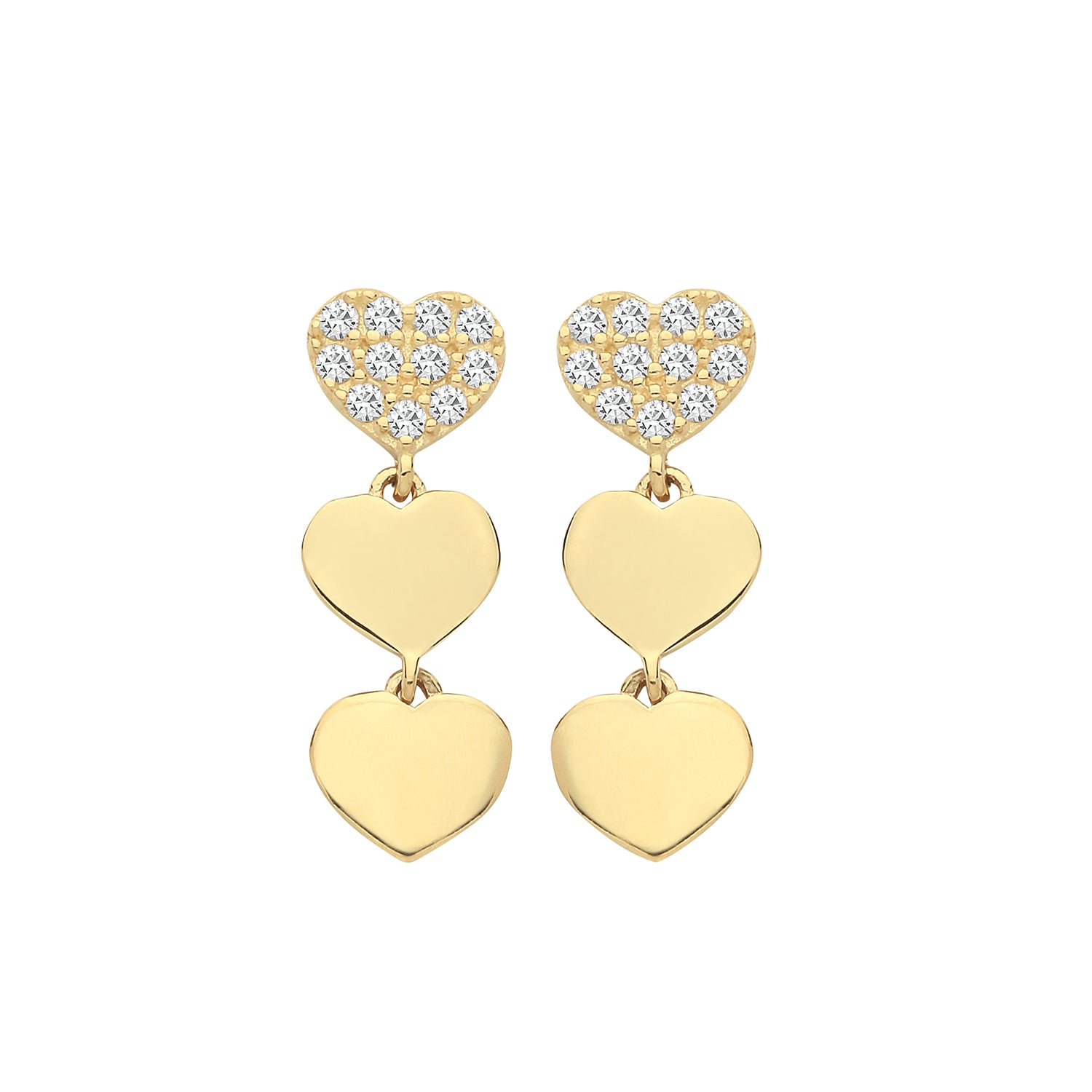 9CT YEL GOLD CZ TRIPLE HEART DROP EARRINGS