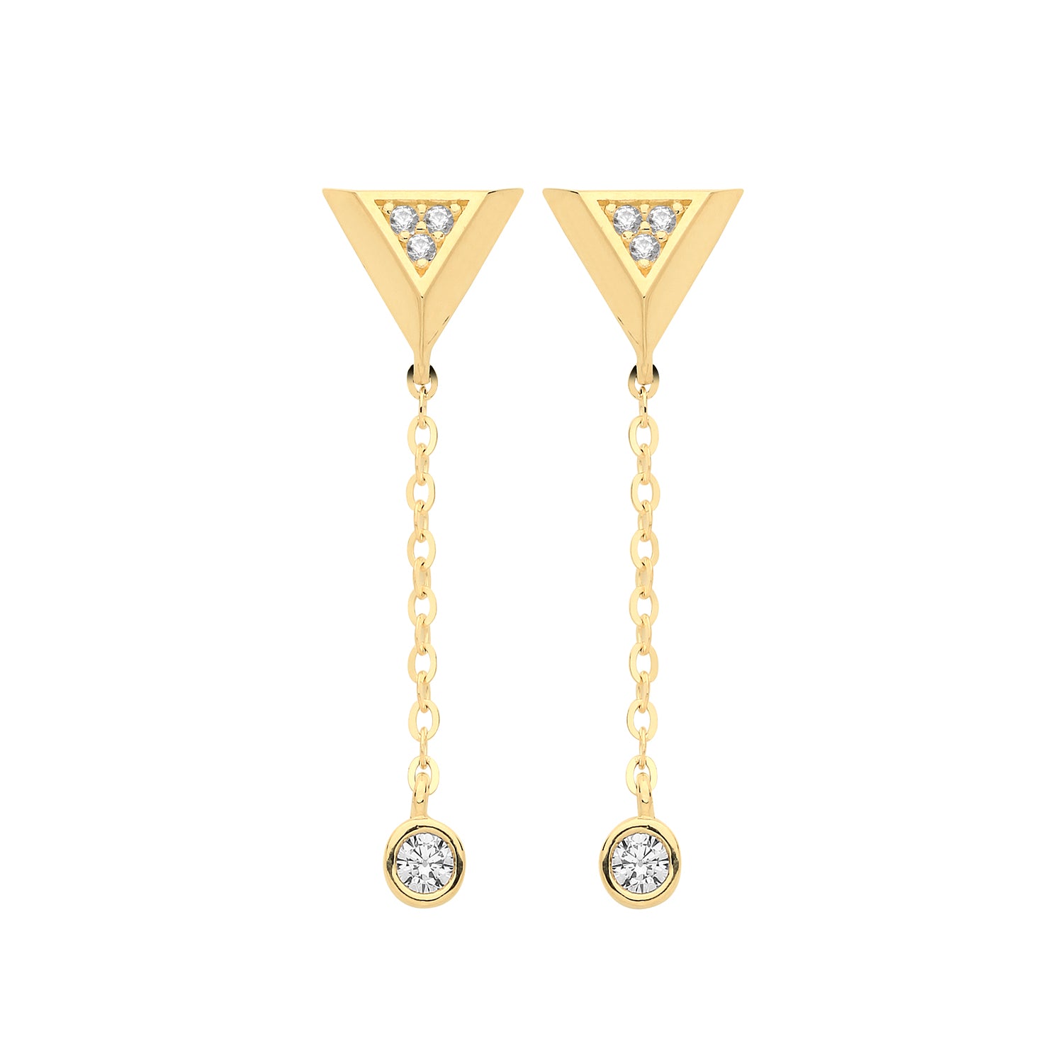 9CT YEL GOLD TRIANGLE WITH BEZEL CZ DROP EARRINGS