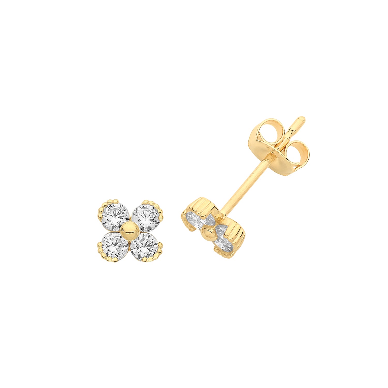 9CT YEL GOLD CZ 4 PETAL FLOWER STUD EARRINGS