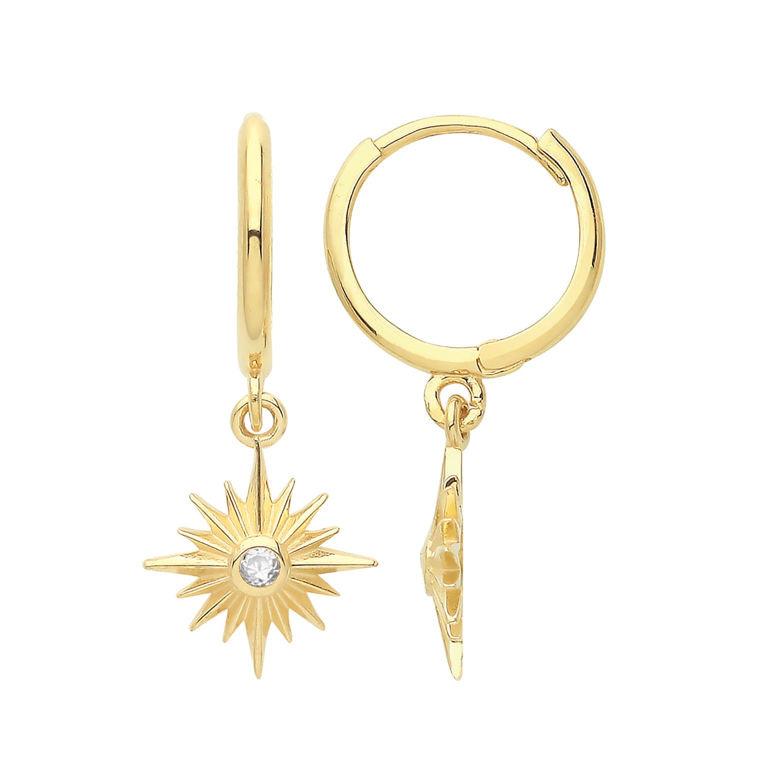 9CT YEL GOLD CZ STARBURST DROP HINGED EARRINGS