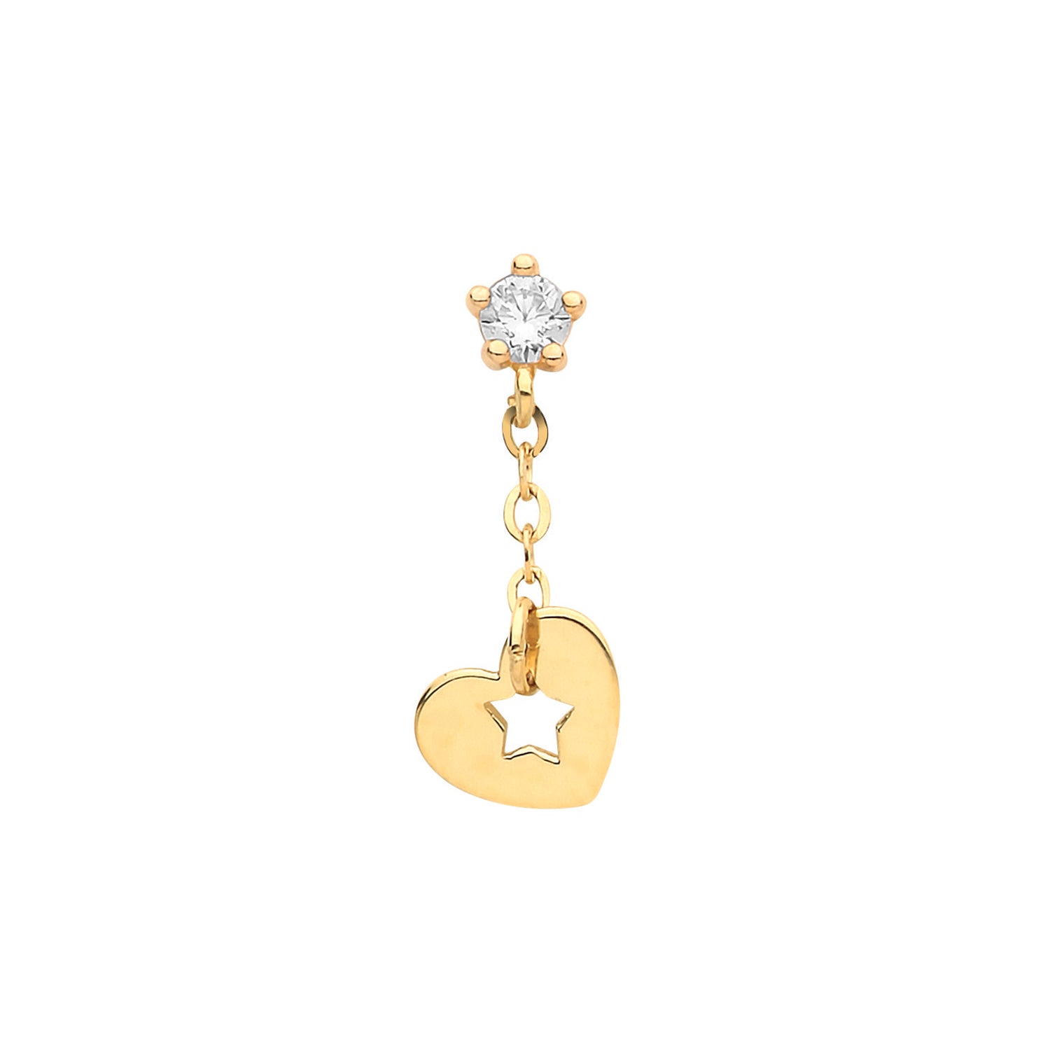 9CT YEL GOLD  CZ CARTILAGE 6MM POST STUD WITH  DROP HEART