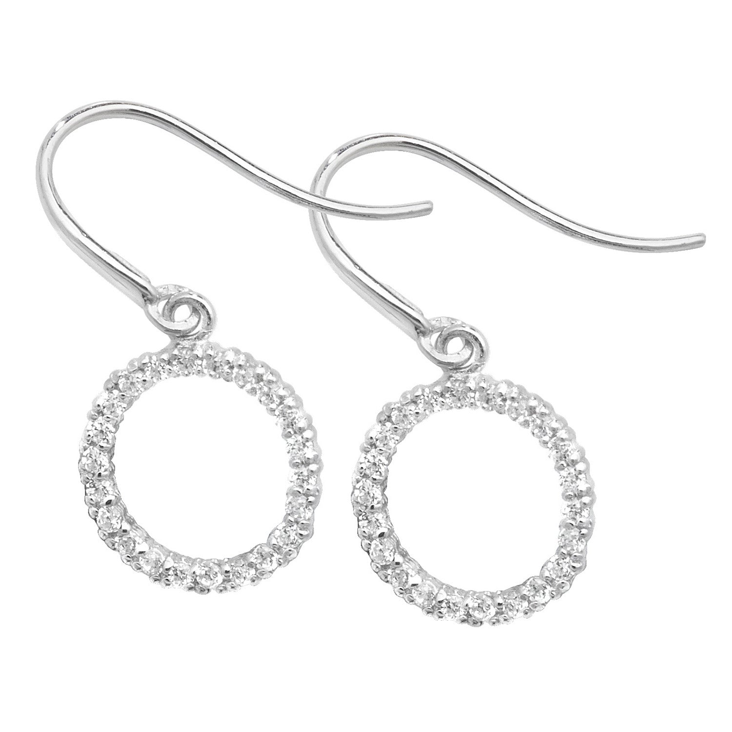 9CT WHT GOLD CZ OPEN CIRCLE FISH HOOK DROP EARRINGS