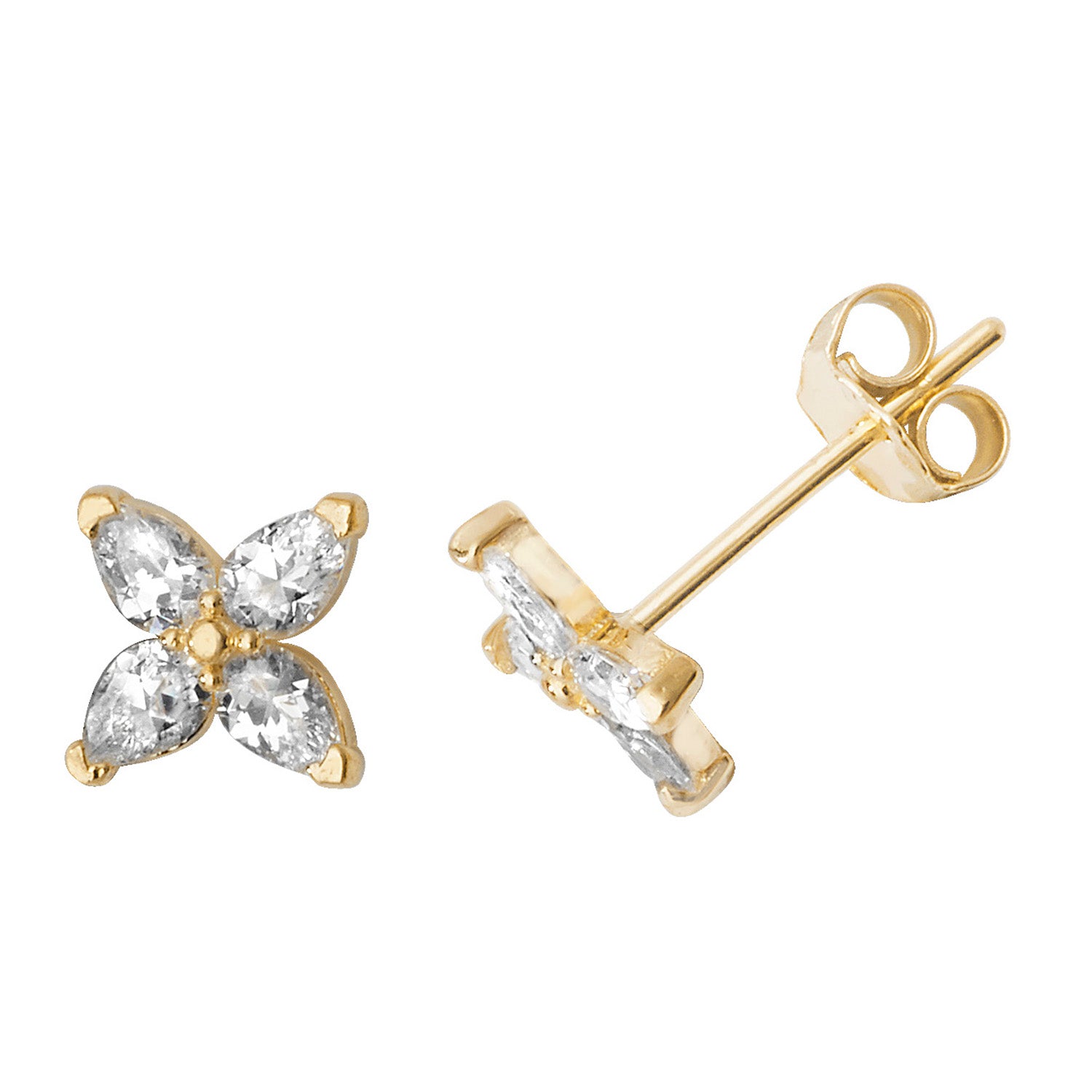 9CT YEL GOLD CZ FOUR-PETAL FLOWER STUD EARRINGS