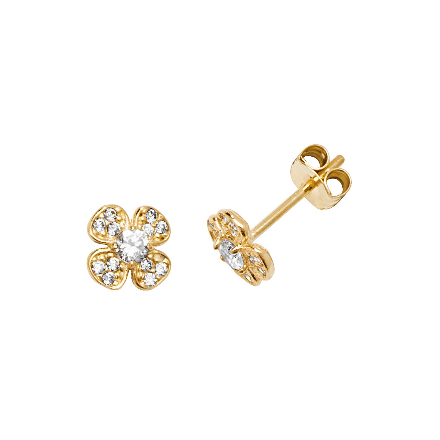 9CT YEL GOLD CZ FOUR-PETAL FLOWER STUD EARRINGS