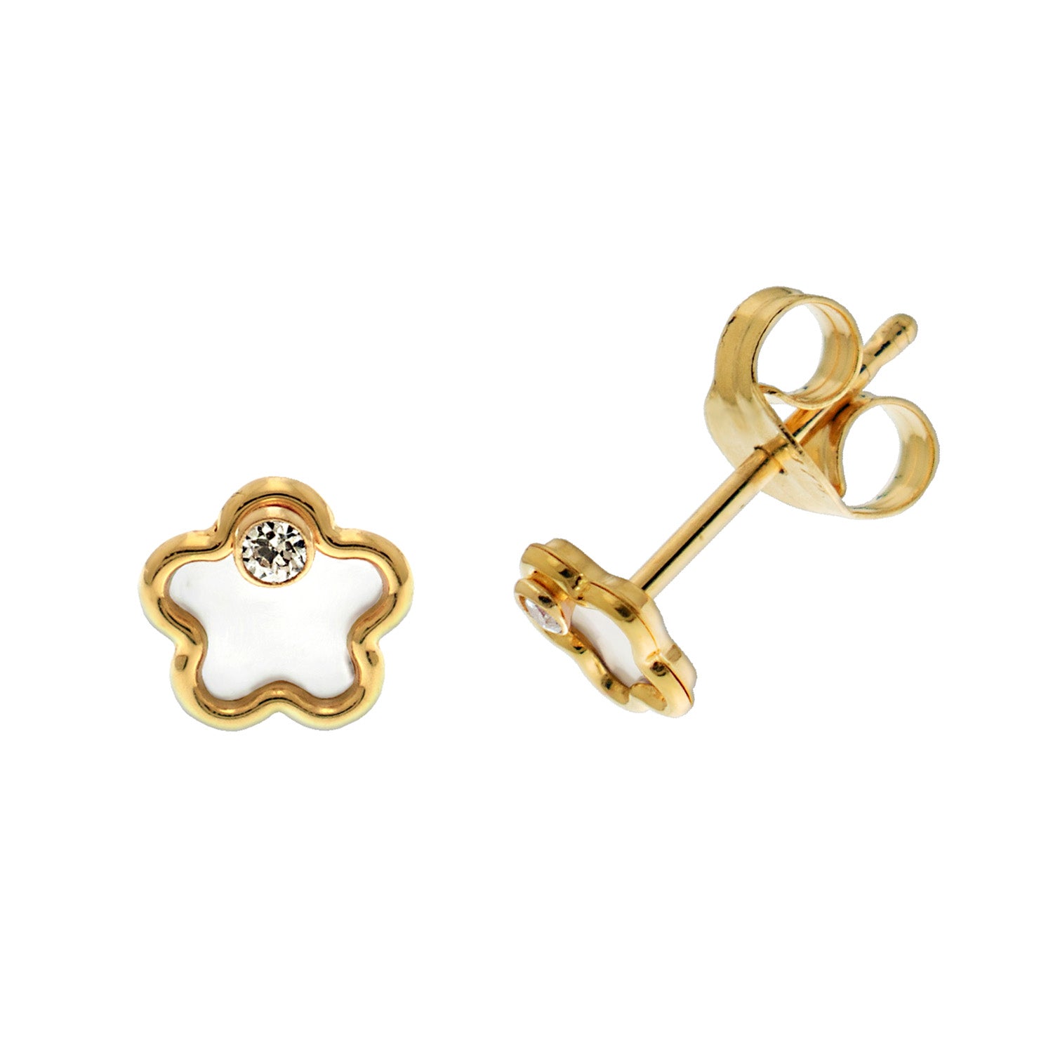 9CT YEL GOLD CZ&MOTHER OF PEARL FLOWER STUD EARRINGS