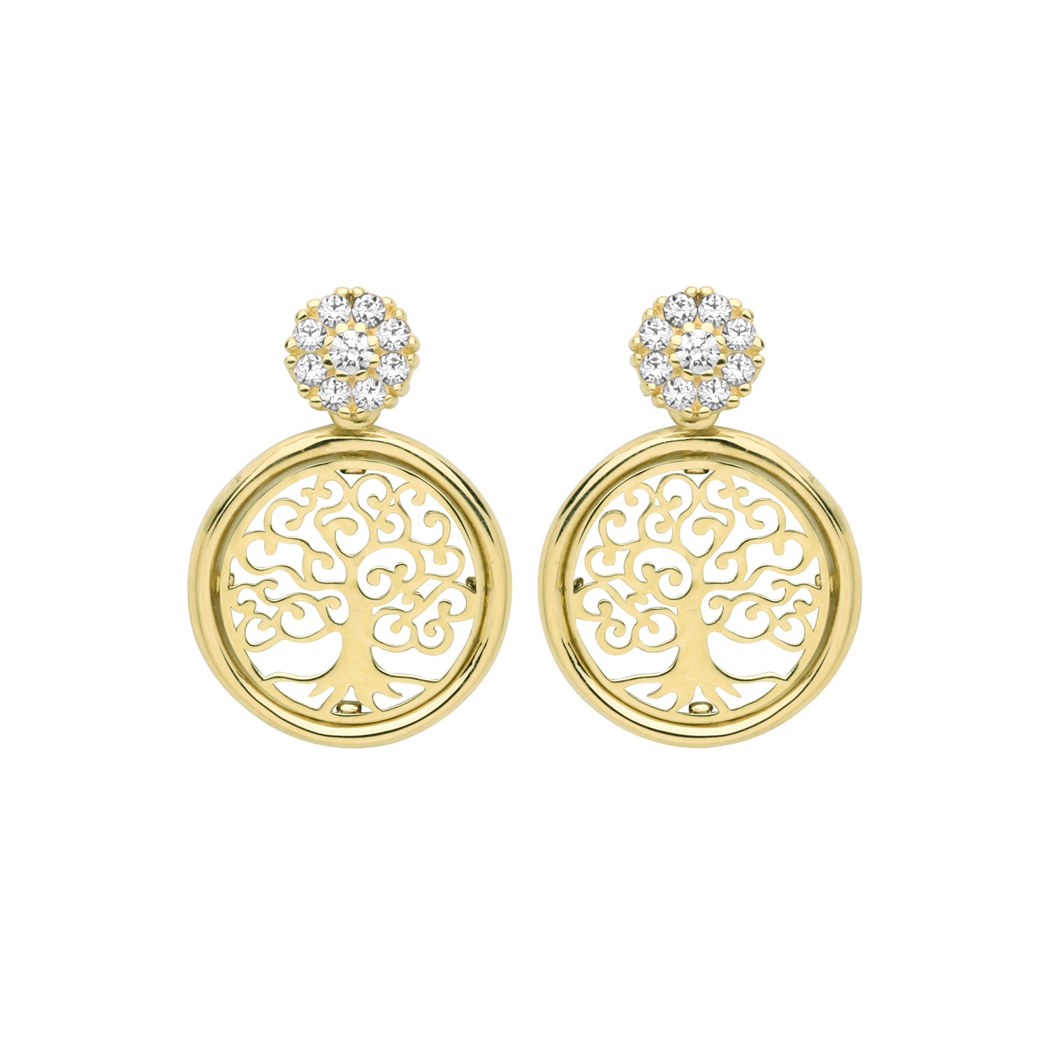 9CT YEL GOLD TREE OF LIFE CZ DROP EARRINGS