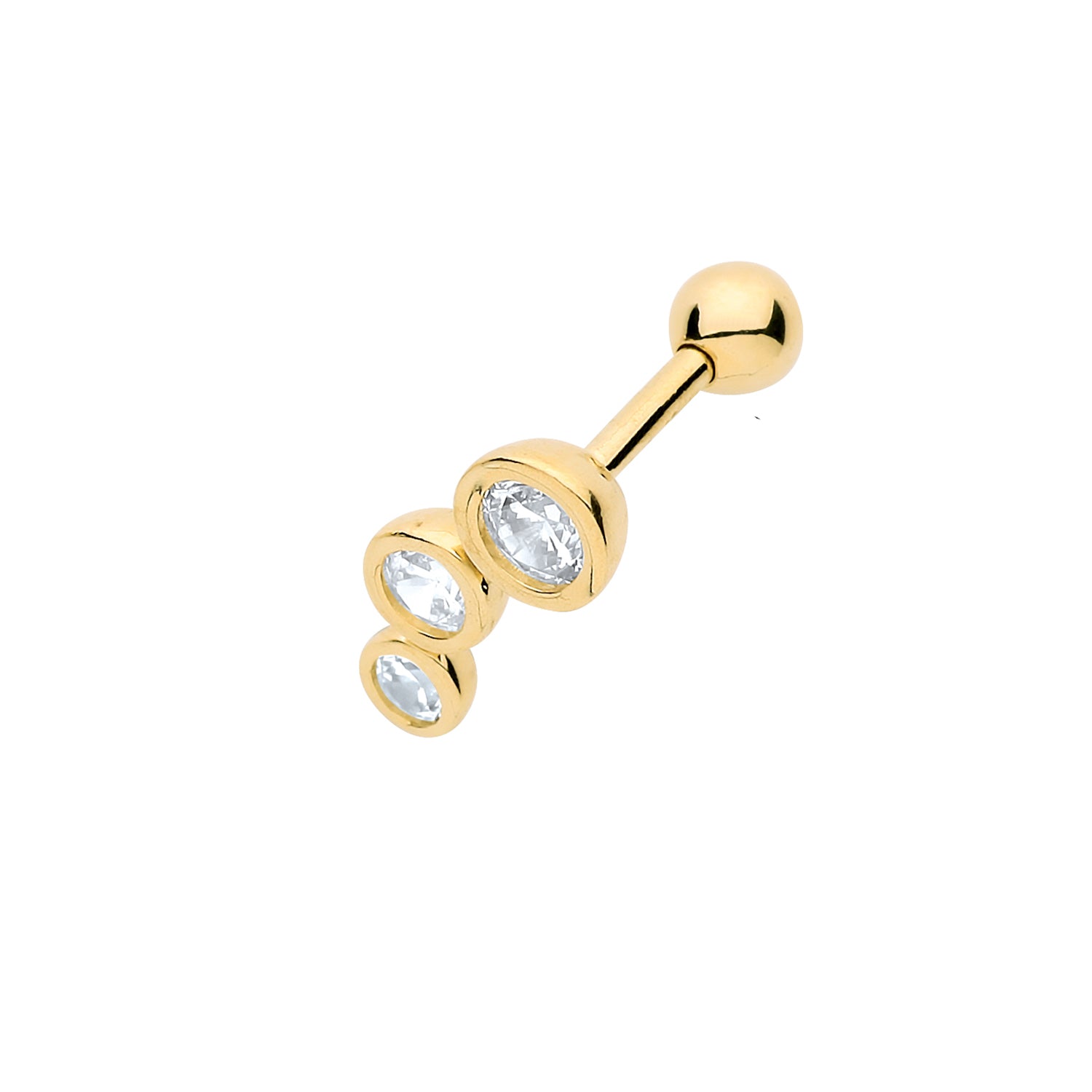 9CT YEL GOLD  CZ 3 STONES  LEFT CARTILAGE 6MM POST STUD