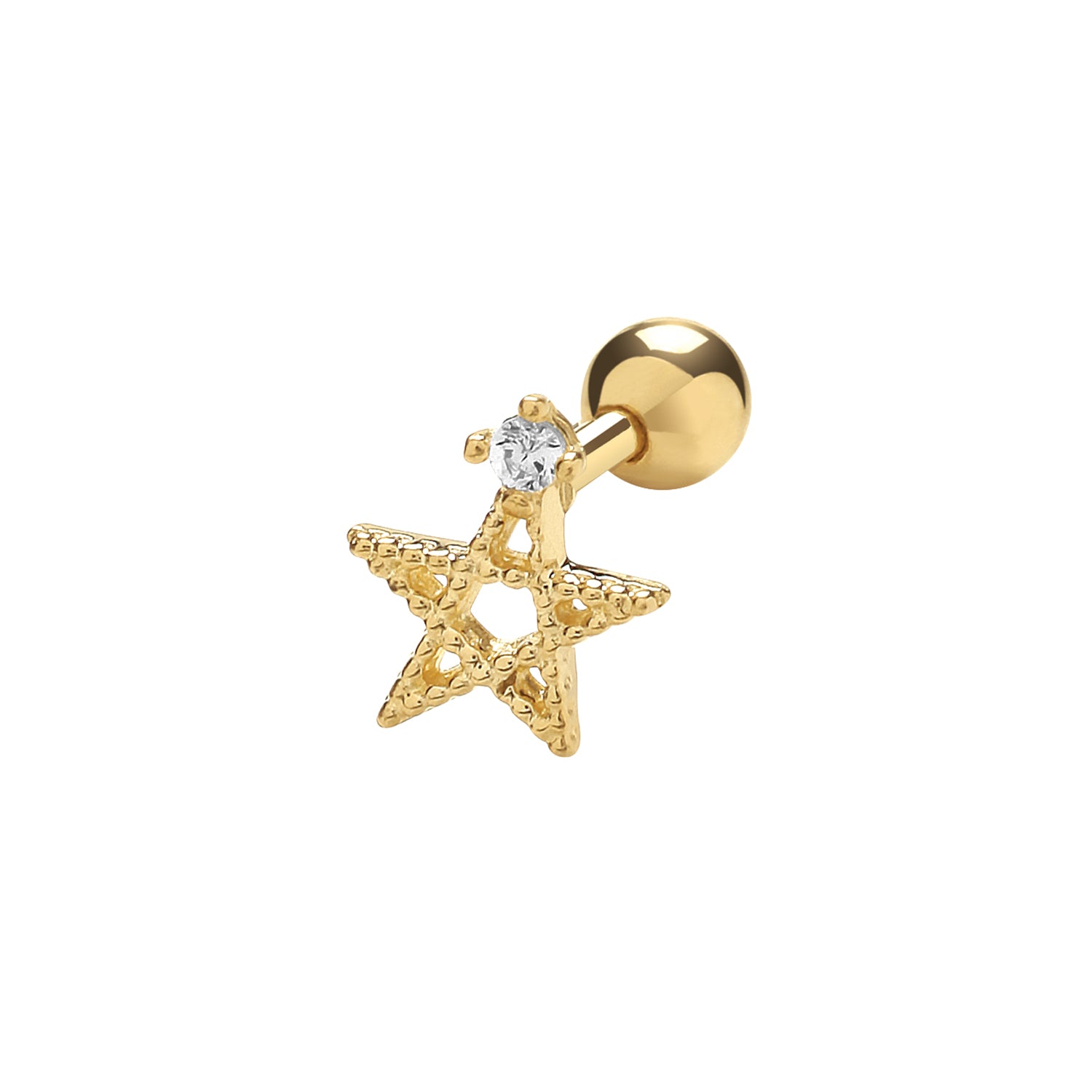 9CT YEL GOLD STAR WITH SINGLE CZ CARTILAGE 6MM POST STUD