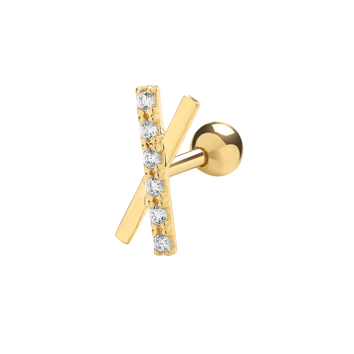 9CT YEL GOLD CZ X SHAPE CARTILAGE 6MM POST STUD
