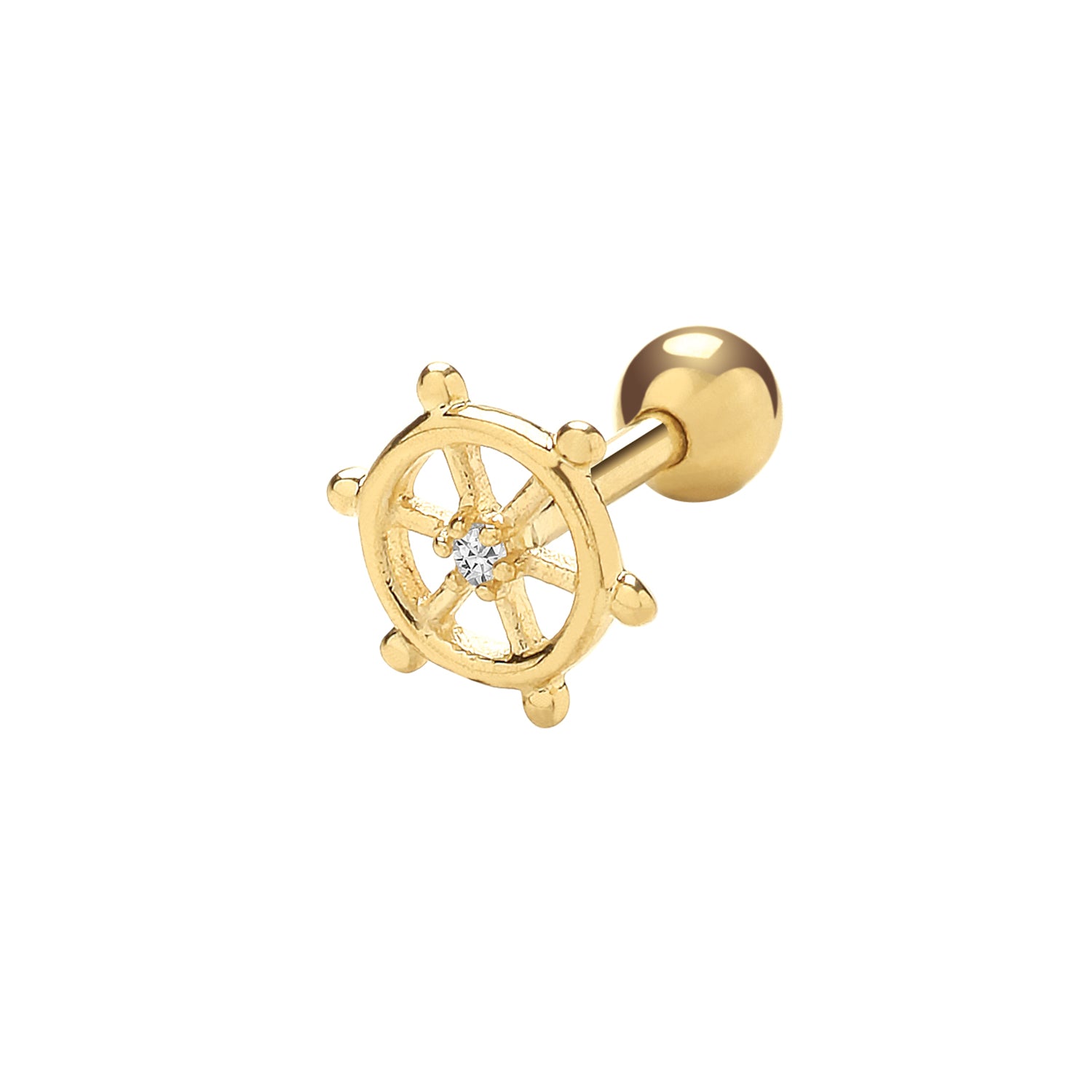 9CT YEL GOLD SHIPS WHEEL WITH CZ CARTILAGE 6MM POST STUD