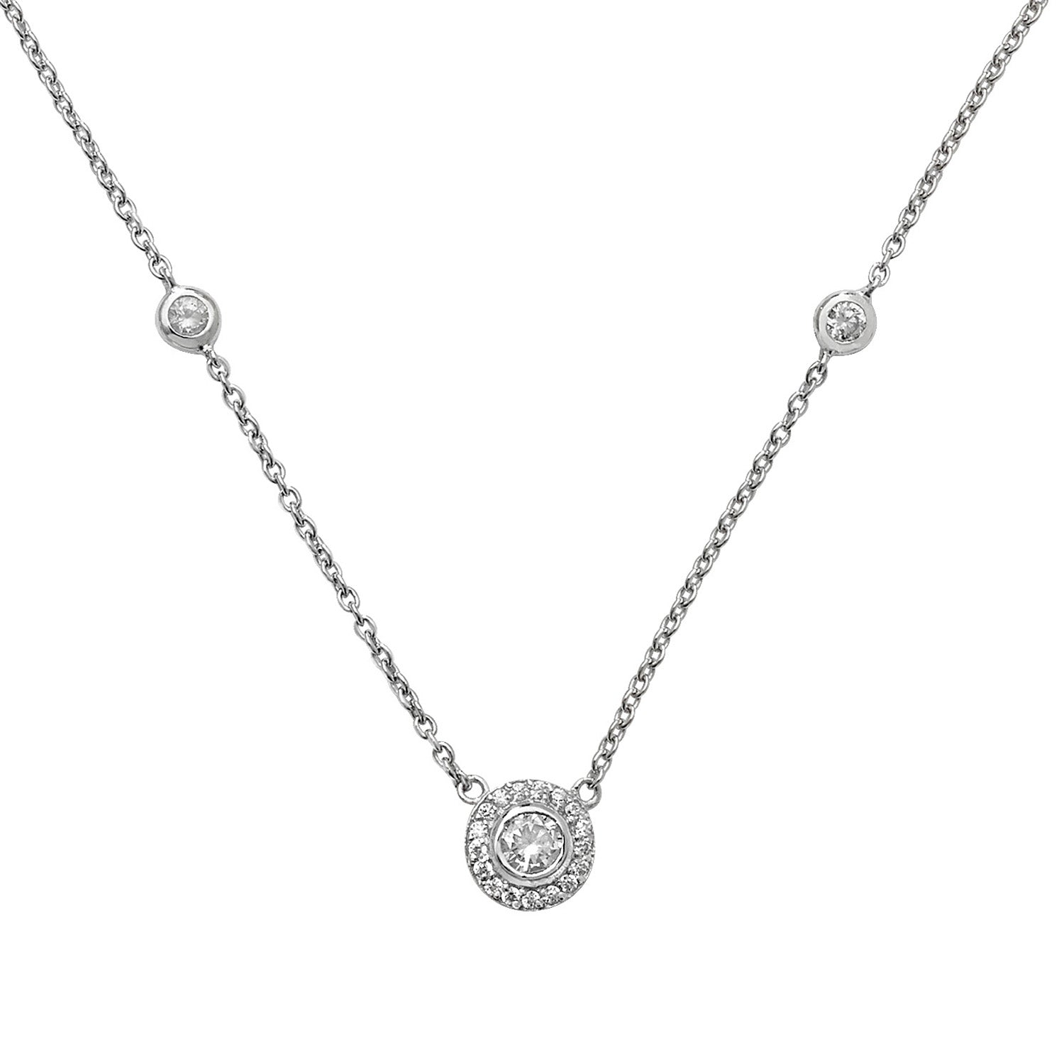 SILVER RHODIUM PLATED ROUND CLUSTER AND CZ BEZEL SET NECKLET