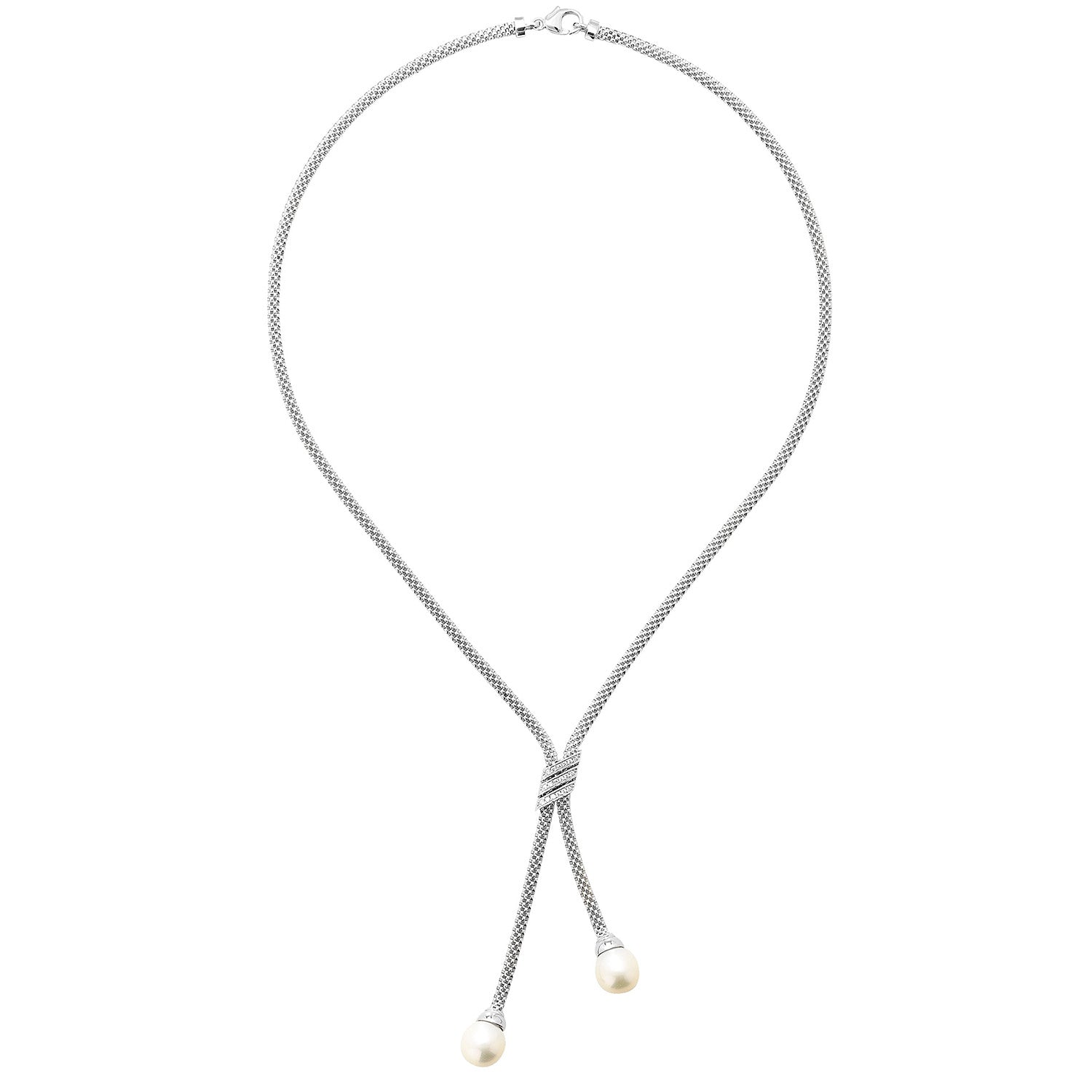 SILVER RHODIUM PLATED CZ SET AND PEARL MESH NECKLET