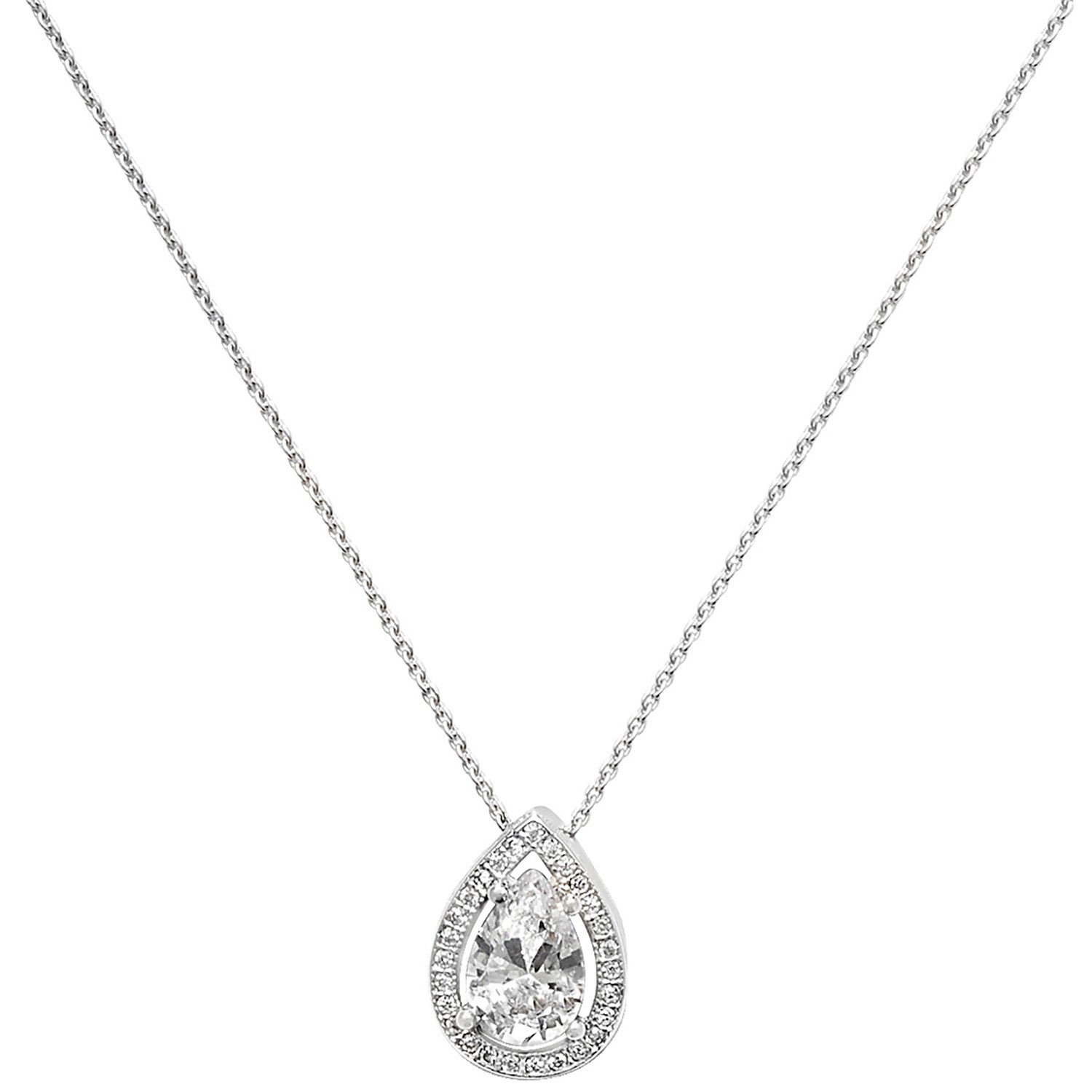 SILVER RHODIUM PLATED PEAR SHAPE HALO CZ NECKLET
