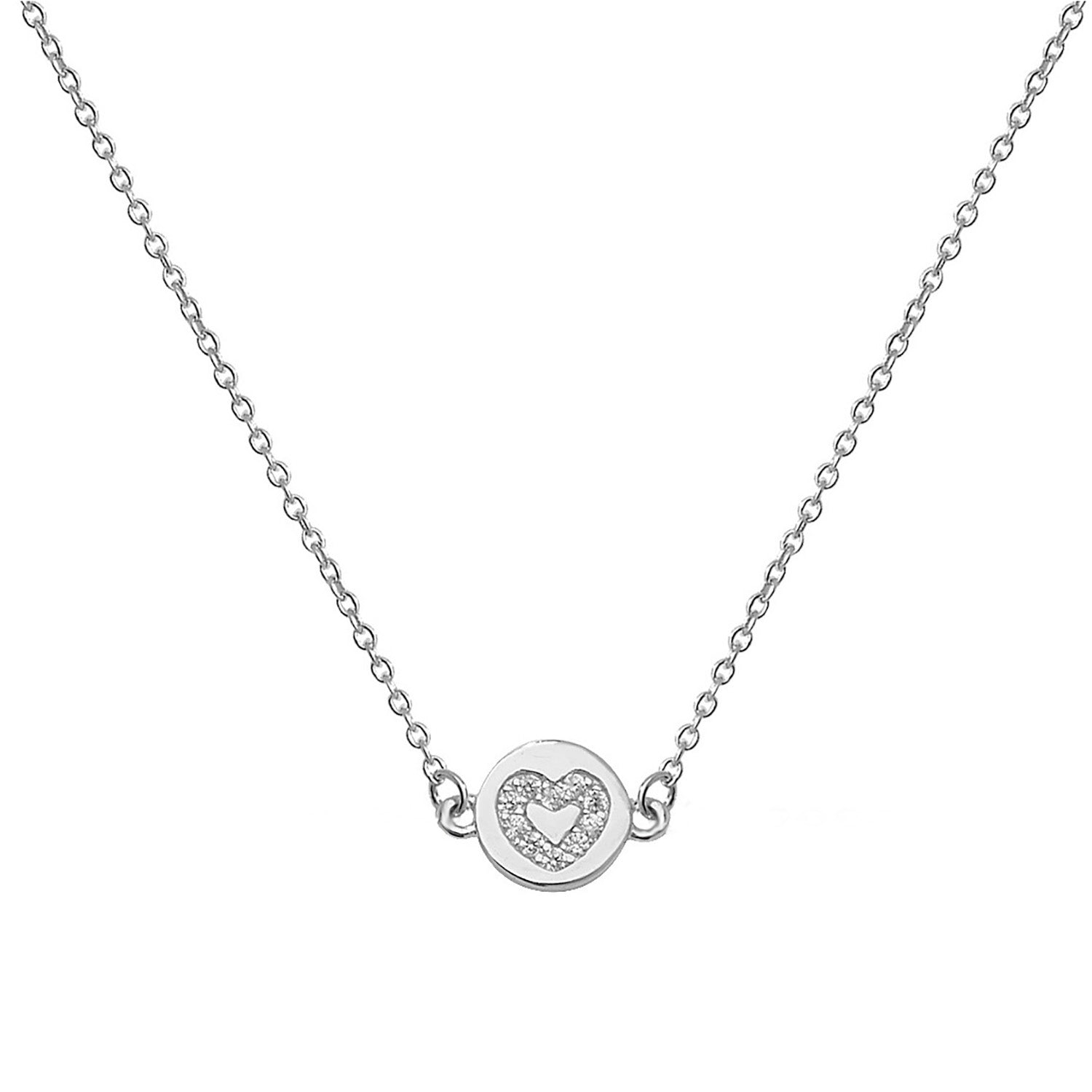 SILVER RHODIUM PLATED CZ HEART DISC NECKLET