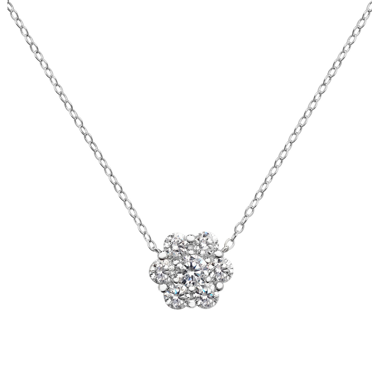 SILVER RHODIUM PLATED CZ CLUSTER FLOWER STYLE NECKLET