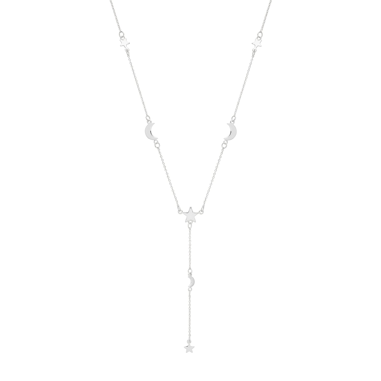 SILVER RHODIUM PLATED CRESCENT MOON AND STARS DROP NECKLET