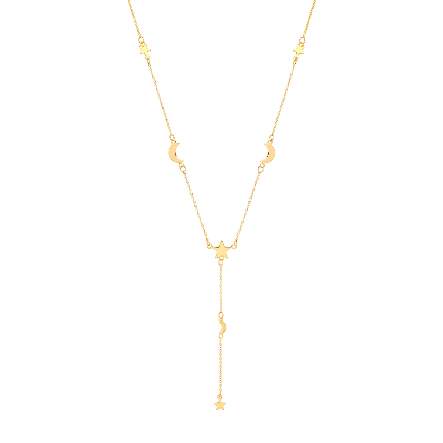 SILVER YELLOW GOLD PLATED CRESCENT MOON AND STARS DROP NECKLET