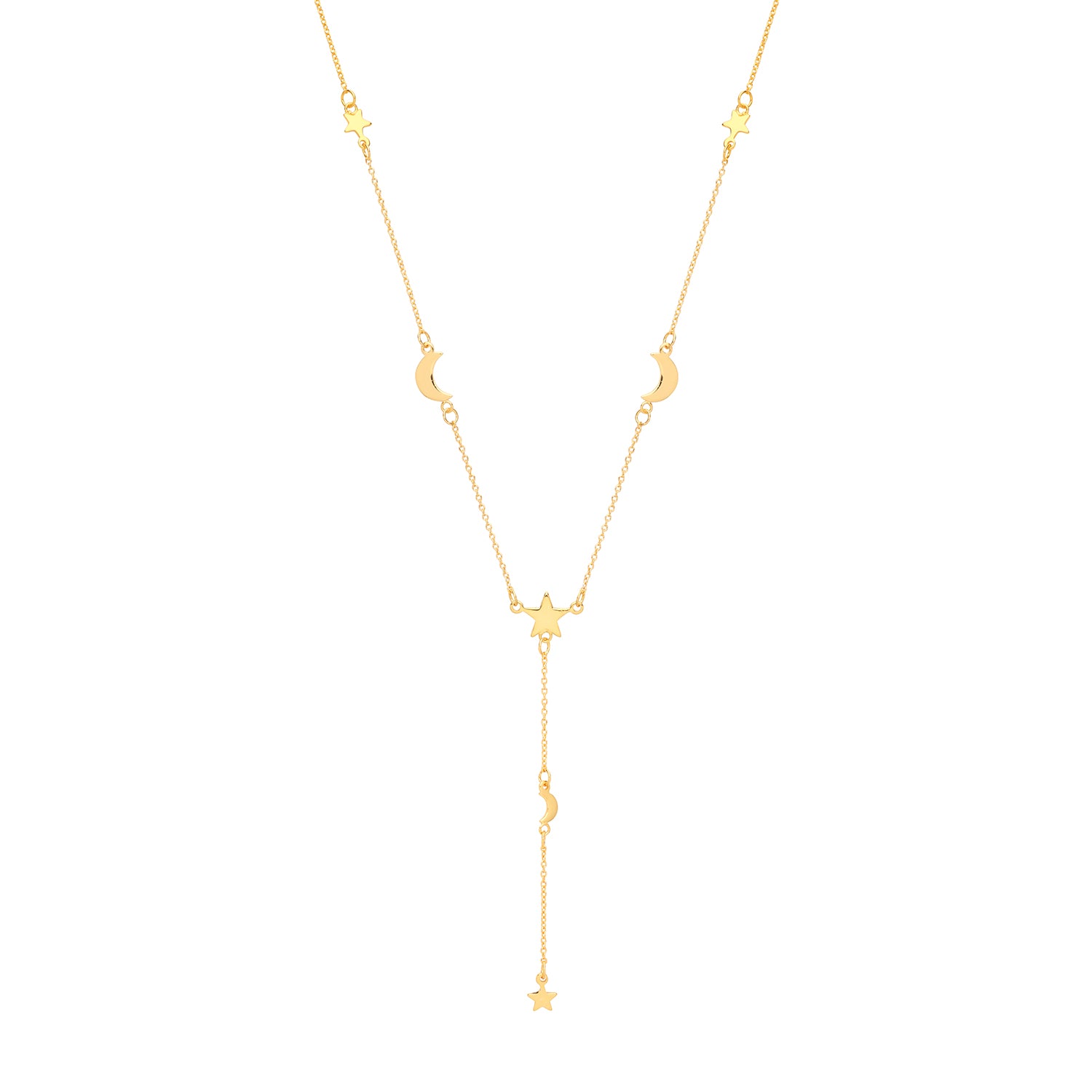 SILVER YELLOW GOLD PLATED CRESCENT MOON AND STARS DROP NECKLET