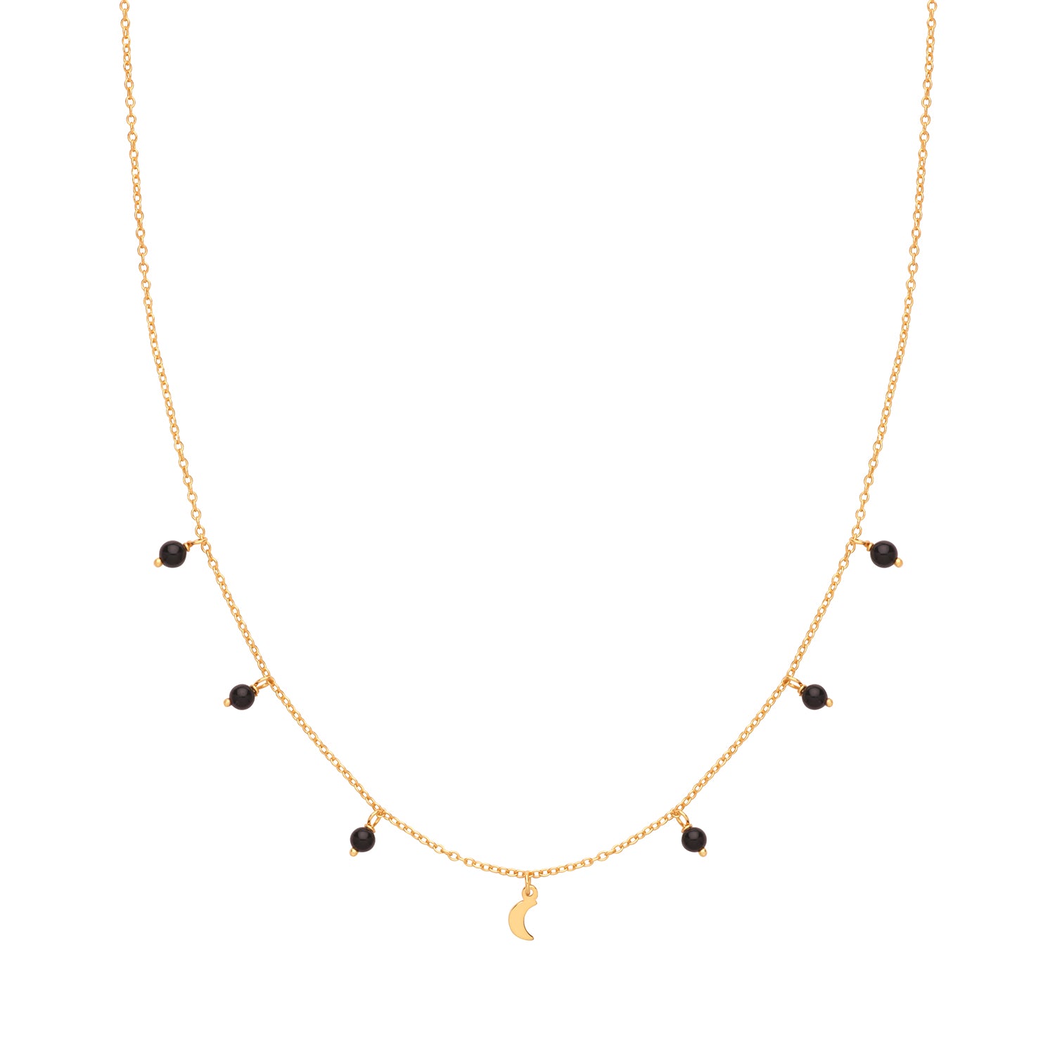 SILVER YELLOW GOLD PLATED CRESCENT MOON AND BLACK AGATE CHARMS NECKLET