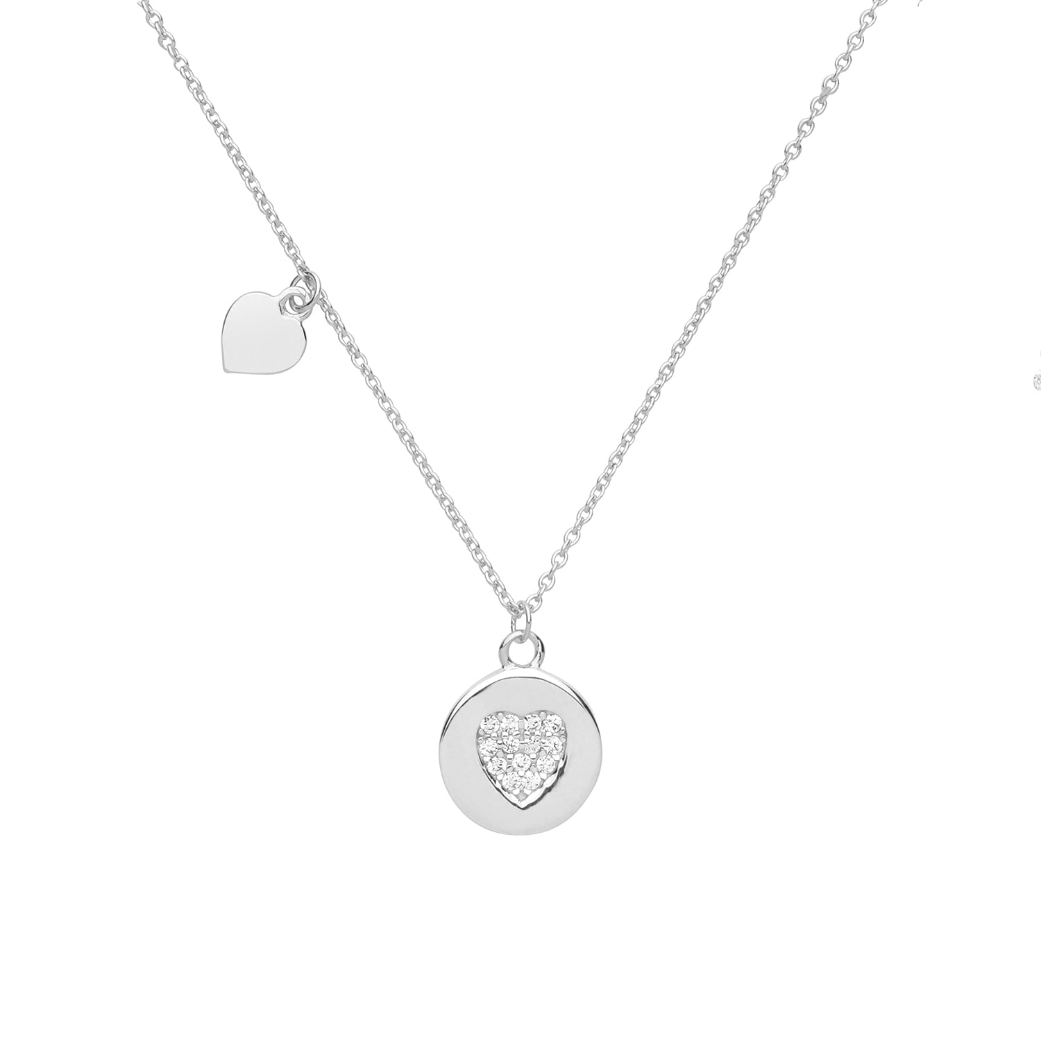 SILVER RHODIUM PLATED CZ HEART AND CHARM NECKLET