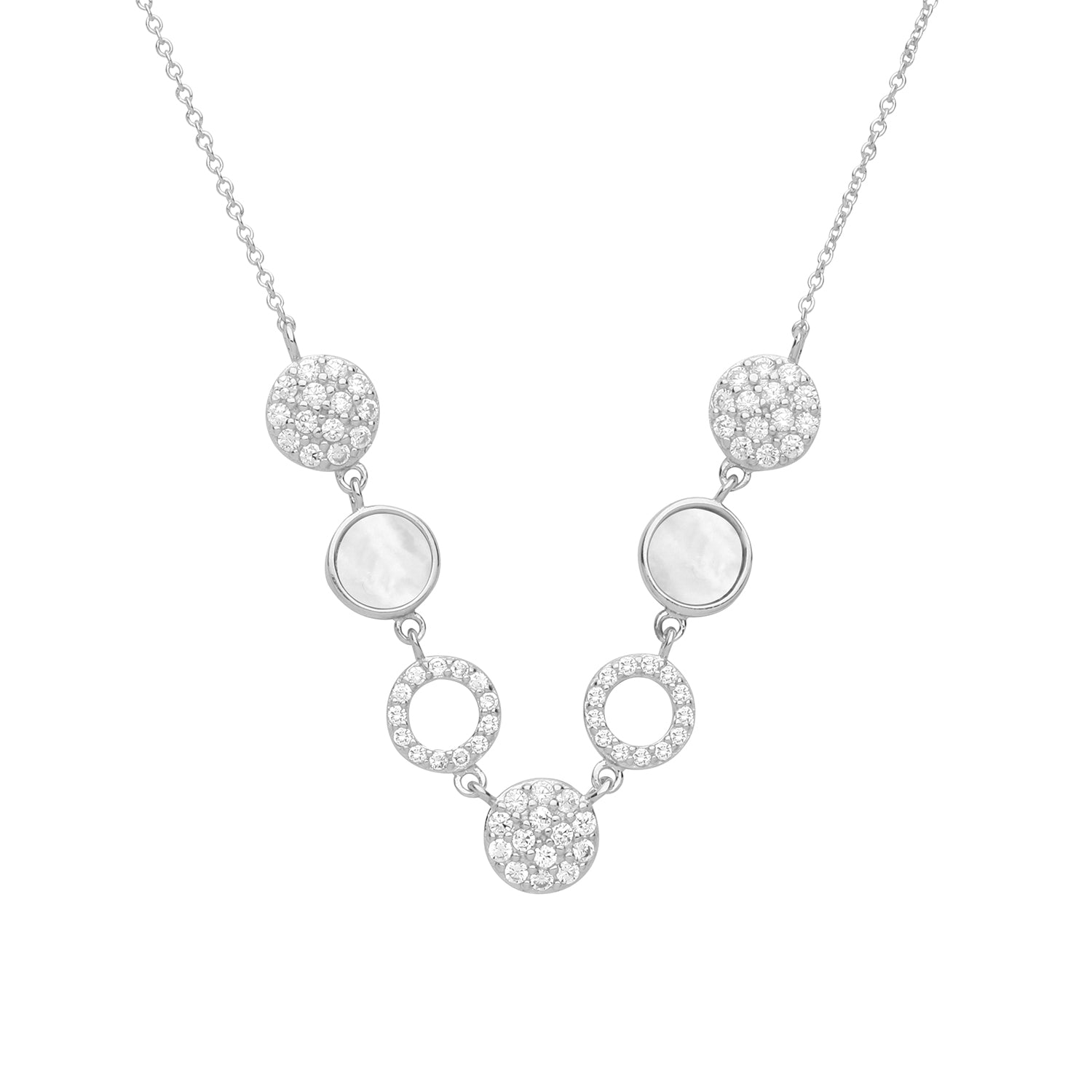 SILVER RHODIUM PLATED CZ AND MOTHER OF PEARL DISCS NECKLET