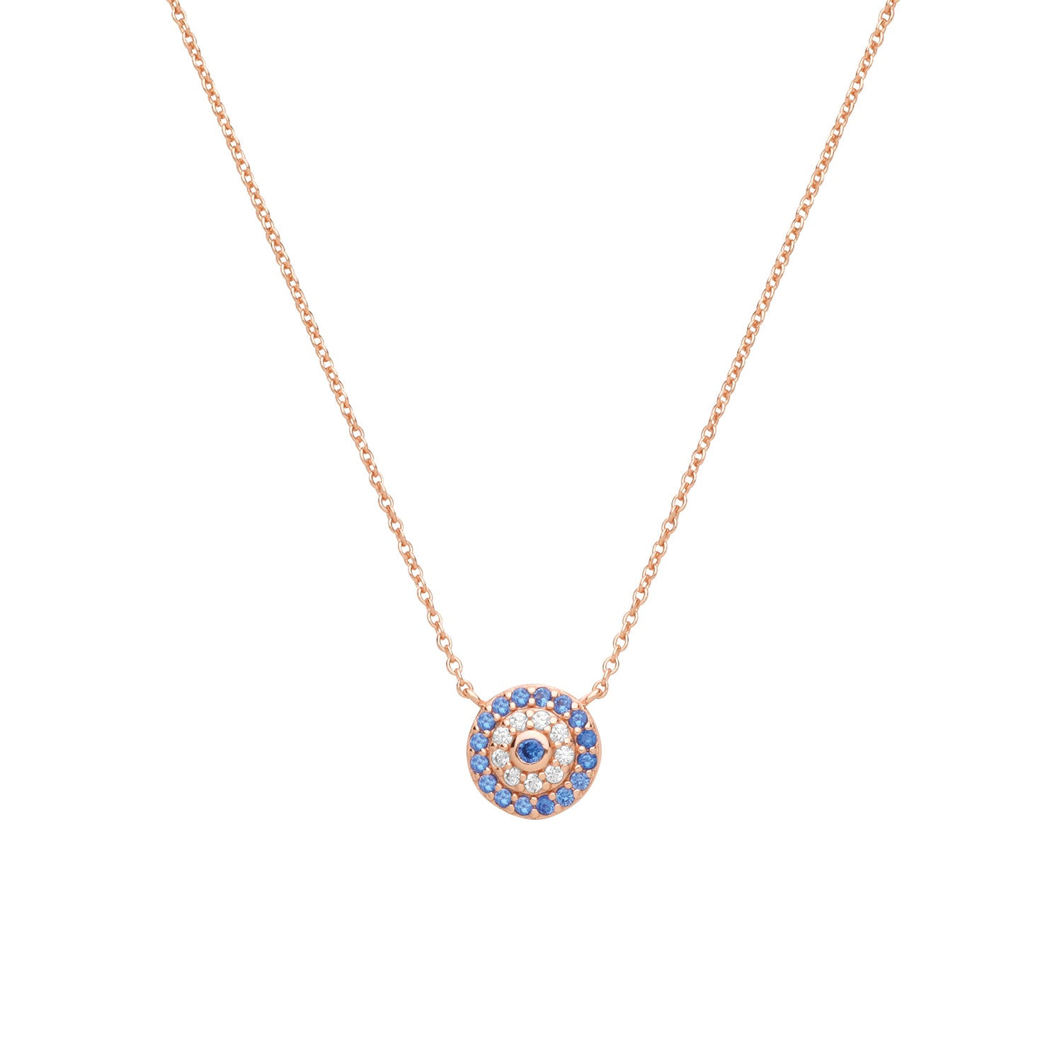 SILVER ROSE GOLD PLATED WHITE AND BLUE CZ EVIL EYE NECKLET