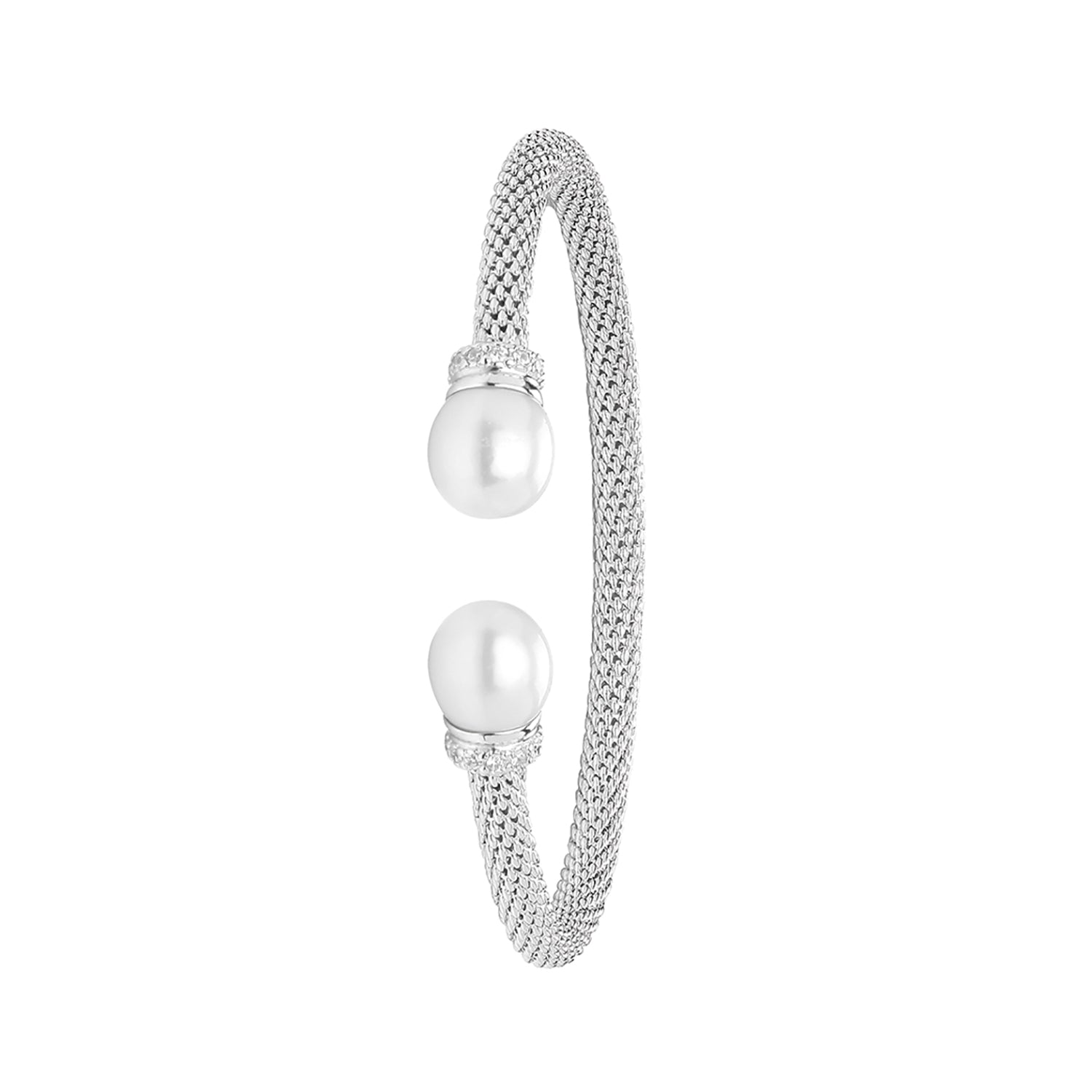 SILVER RHODIUM PLATED CZ AND PEARLS BANGLE