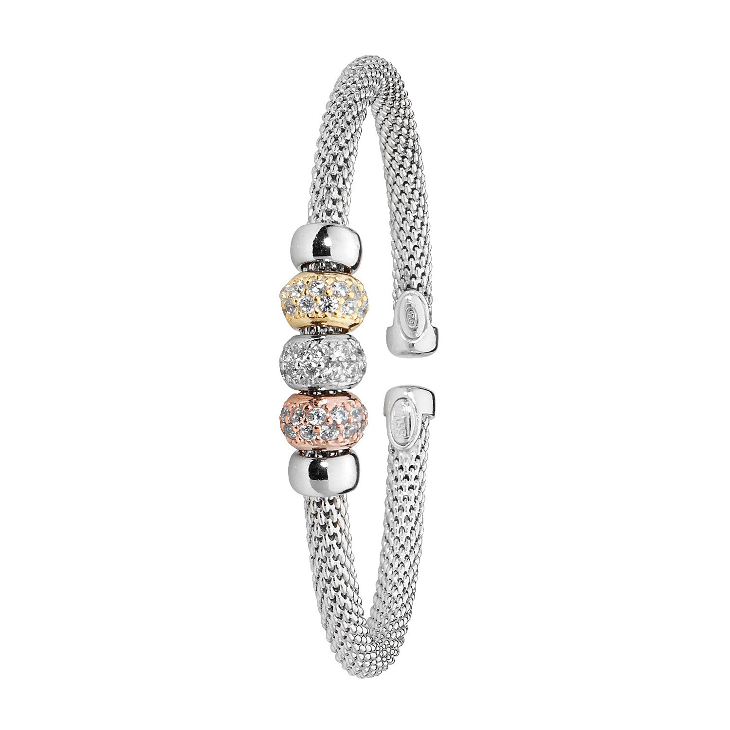 SILVER RHODIUM-YELLOW-ROSE-GOLD PLATED CZ BEADED MESH BANGLE