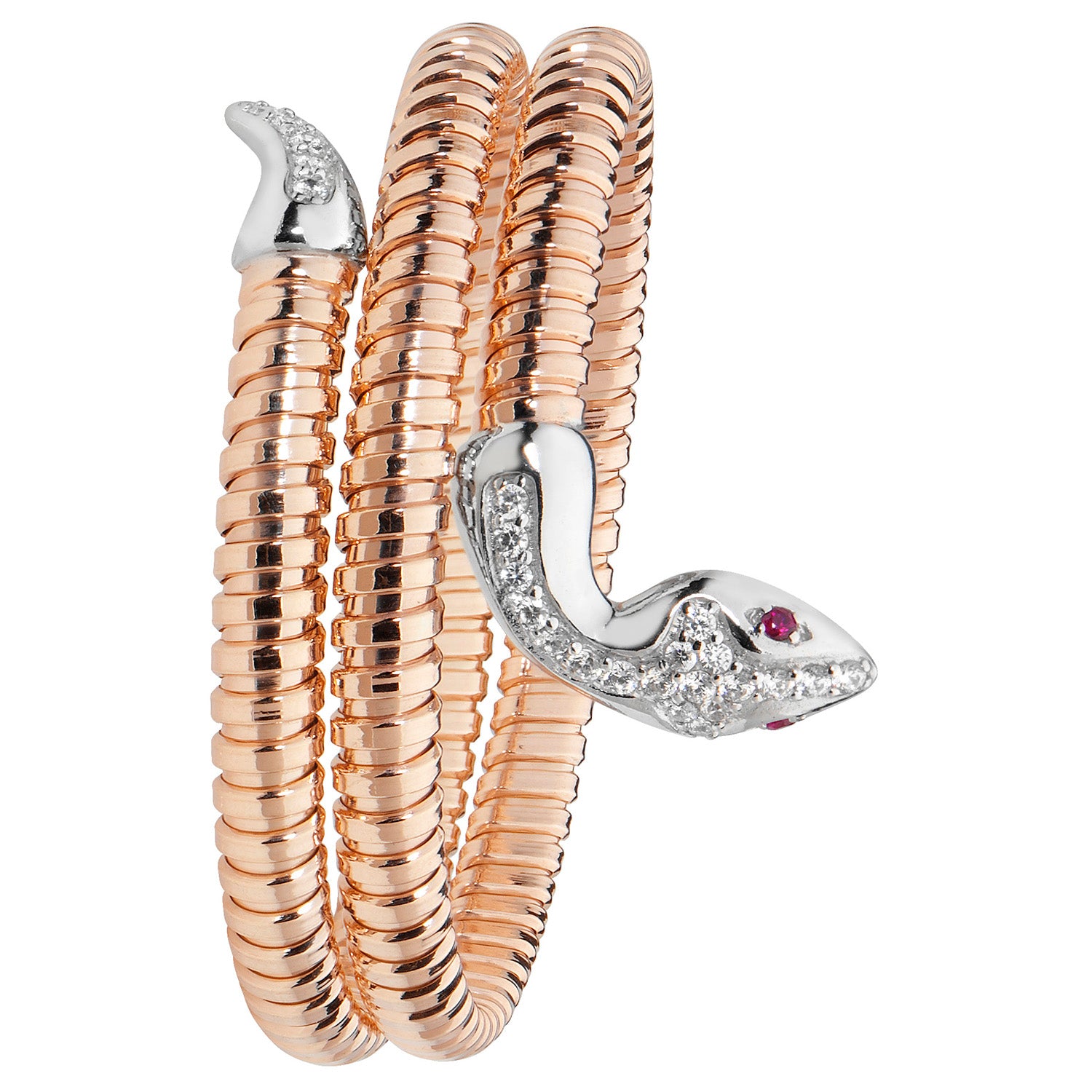 SILVER ROSE GOLD PLATED RED EYES CZ SNAKE BANGLE