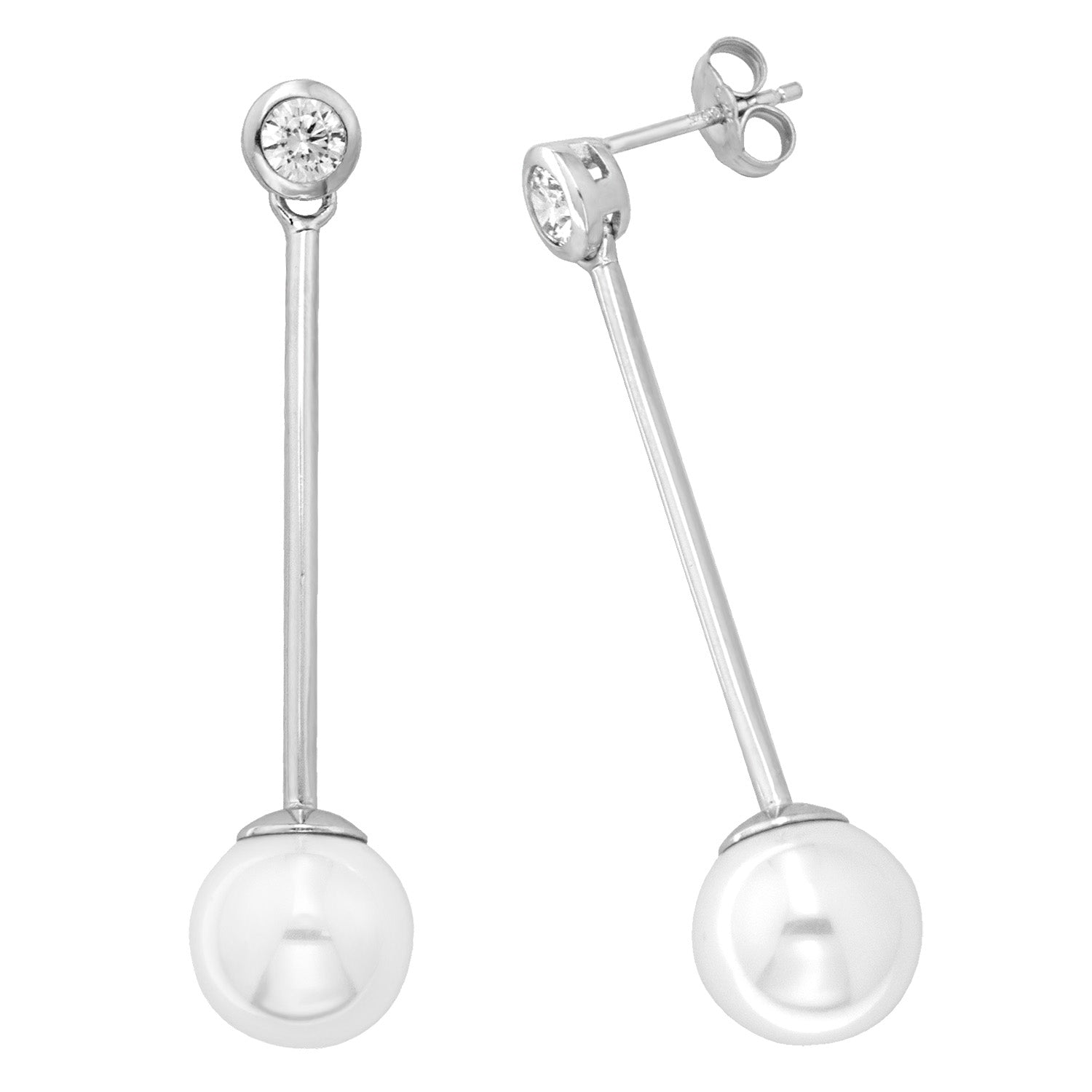 SILVER CZ & PEARL RH PLATED DROP EARRINGS