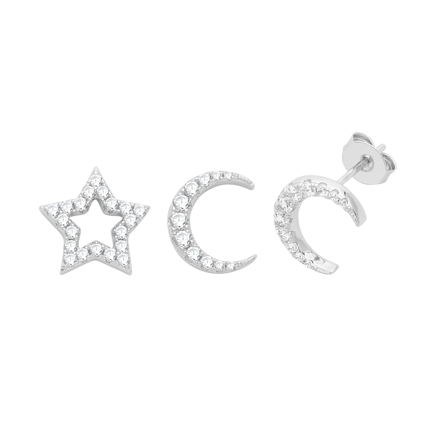 SILVER RHODIUM CZ SET MOON AND STAR STUDS