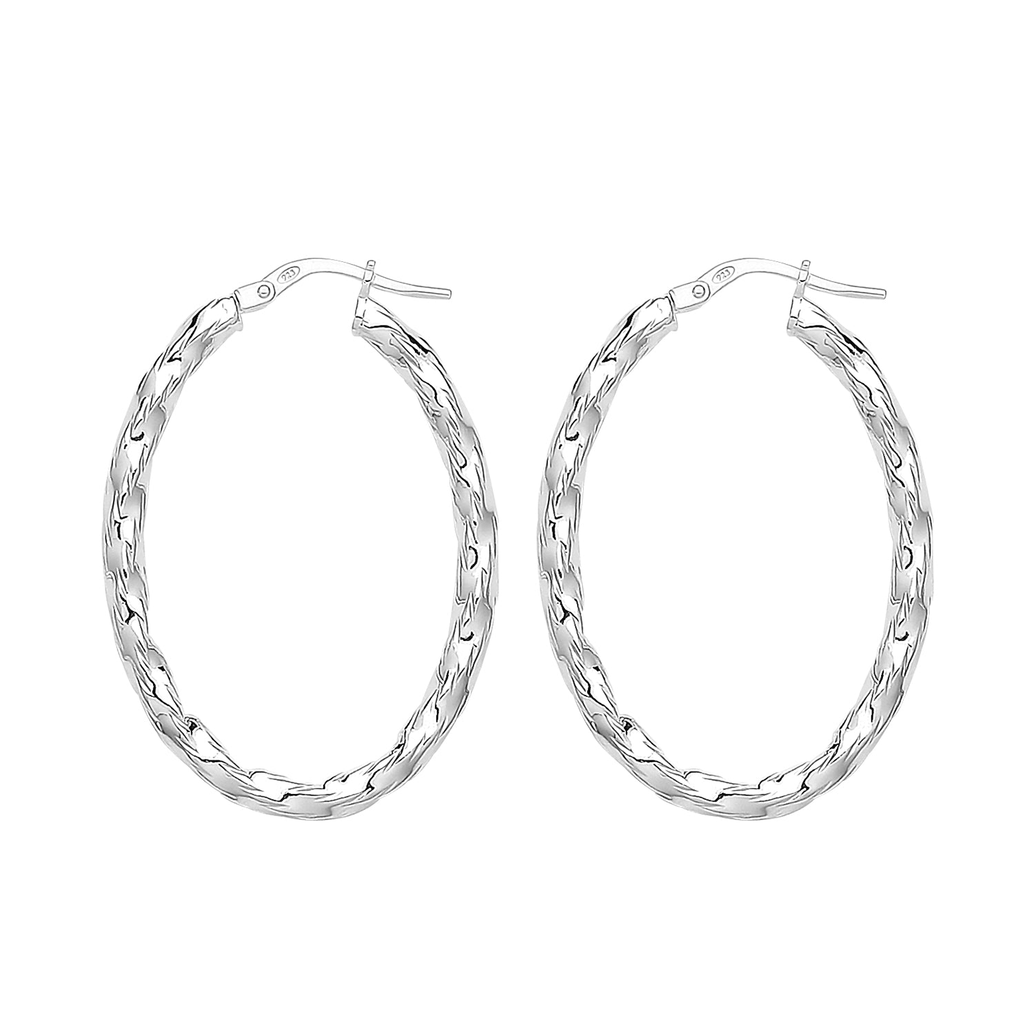 SILVER OVAL DIA CUT HOOP EARRINGS