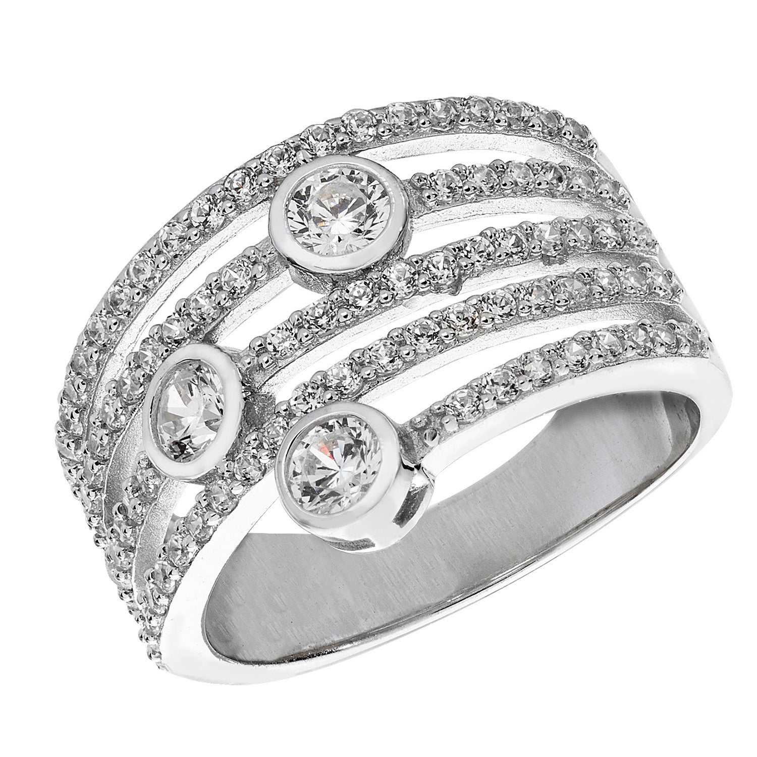 SILVER CZ 3 BEZEL SET SPIRAL RING