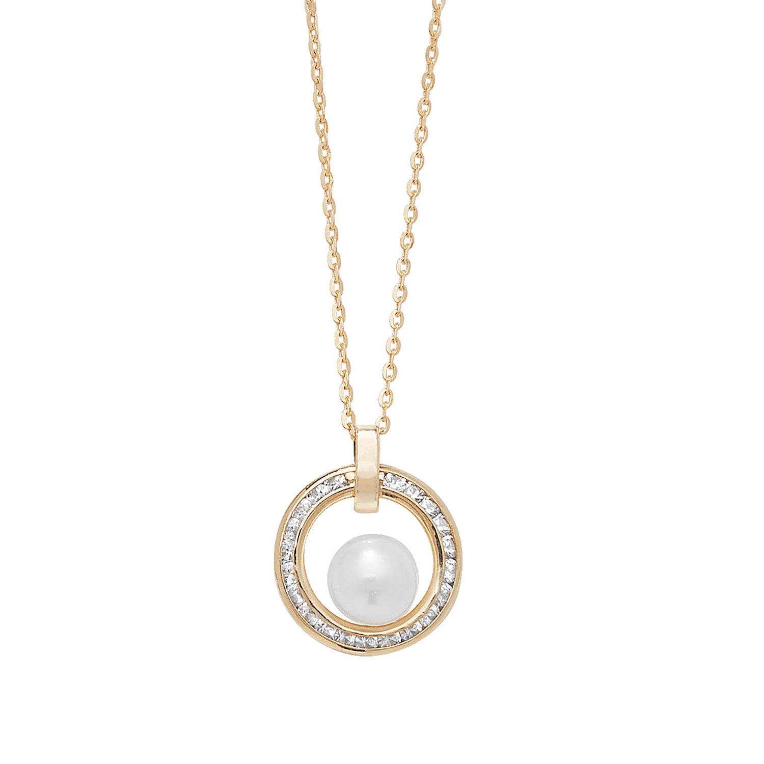 9CT GOLD CZ CIRCLE WITH PEARL NECKLET