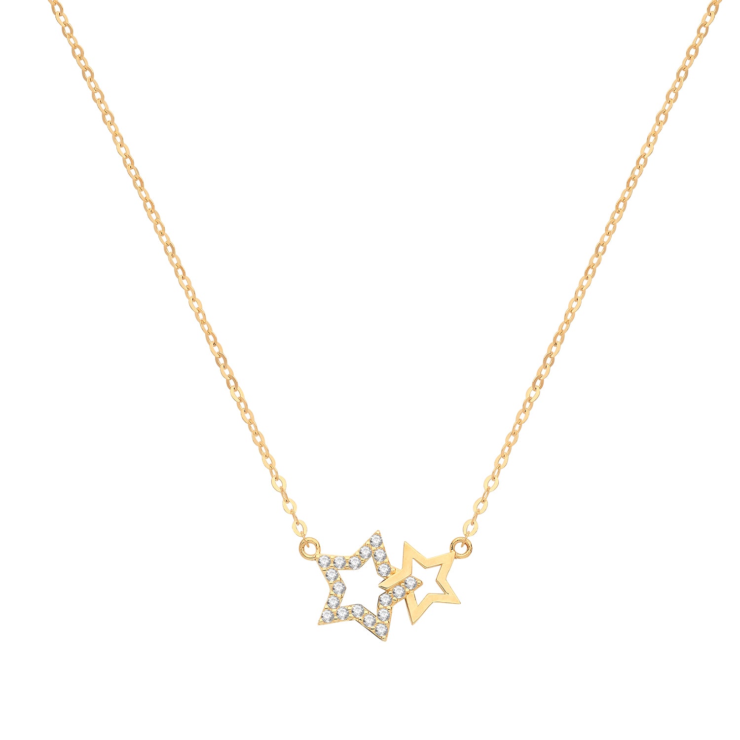 9CT GOLD CZ DOUBLE STAR NECKLET