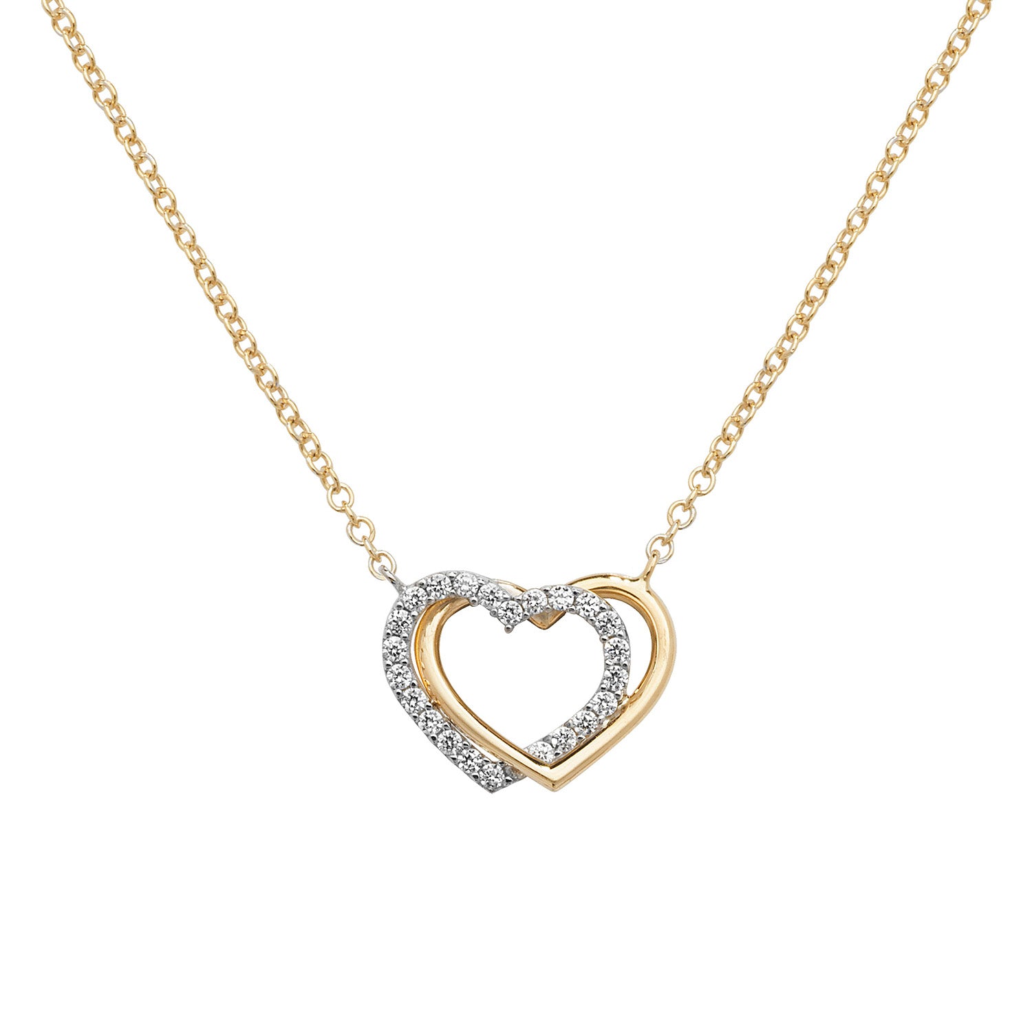 9CT GOLD CZ AND PLAIN ENTWINED HEART NECKLET