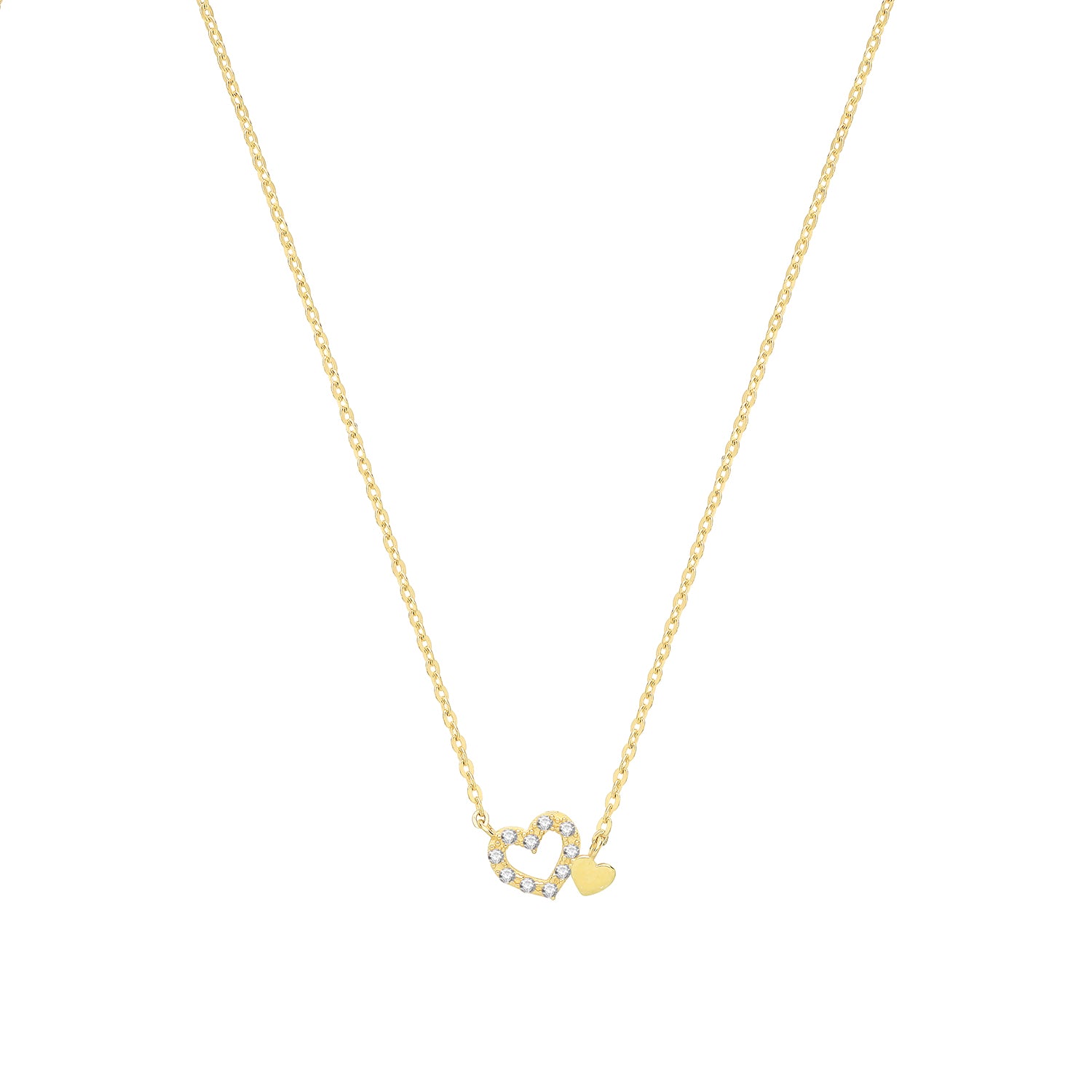 9CT GOLD PLAIN AND CZ DOUBLE HEART NECKLET