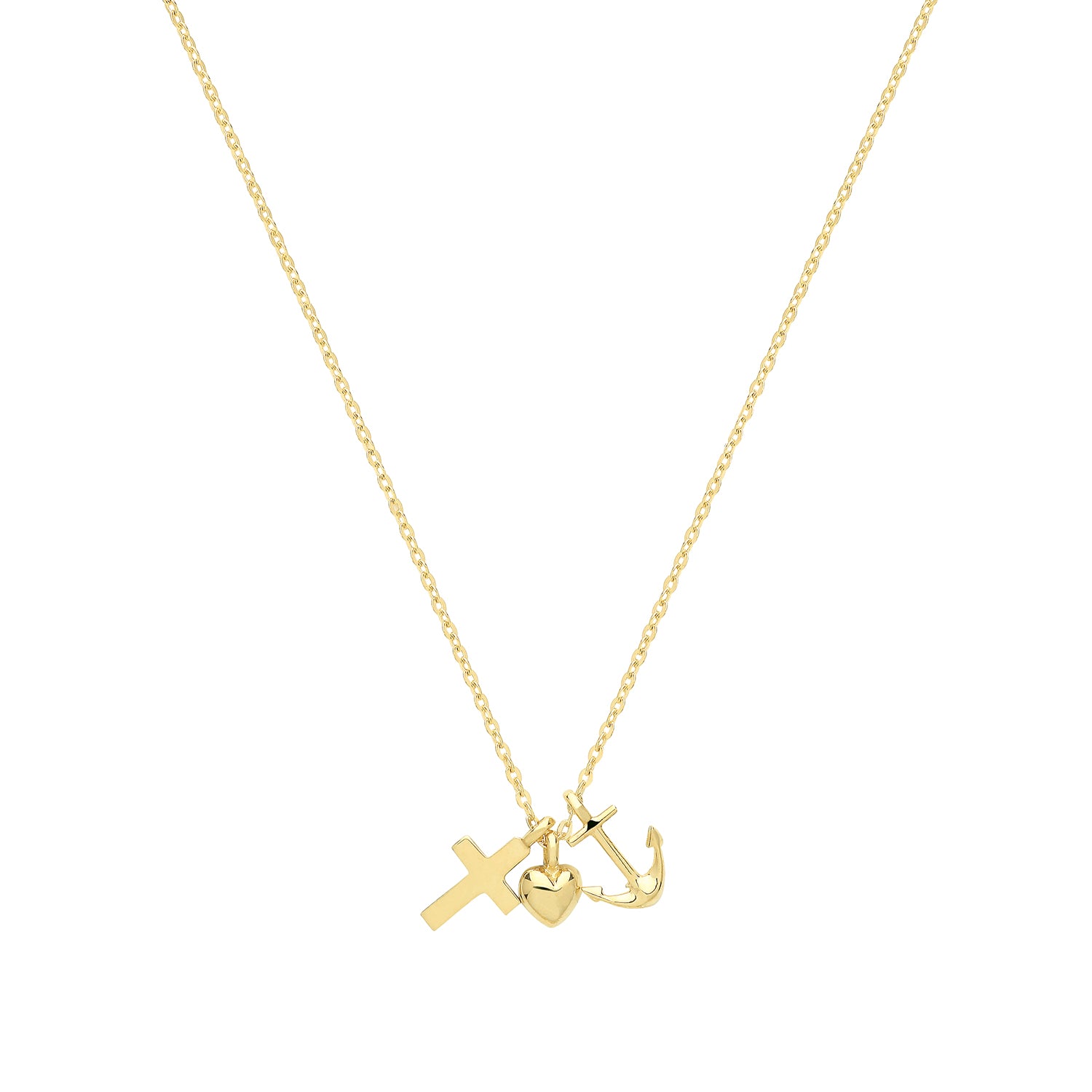 9CT GOLD CROSS-HEART-ANCHOR NECKLET