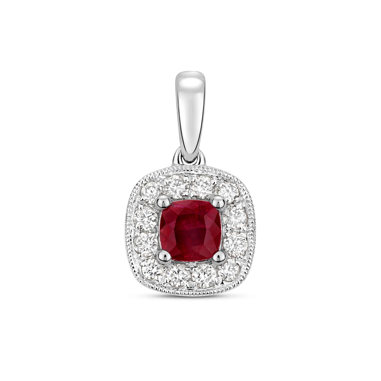 DIAMOND & RUBY CUSHION CLUSTER PENDANT IN 9CT WHITE GOLD