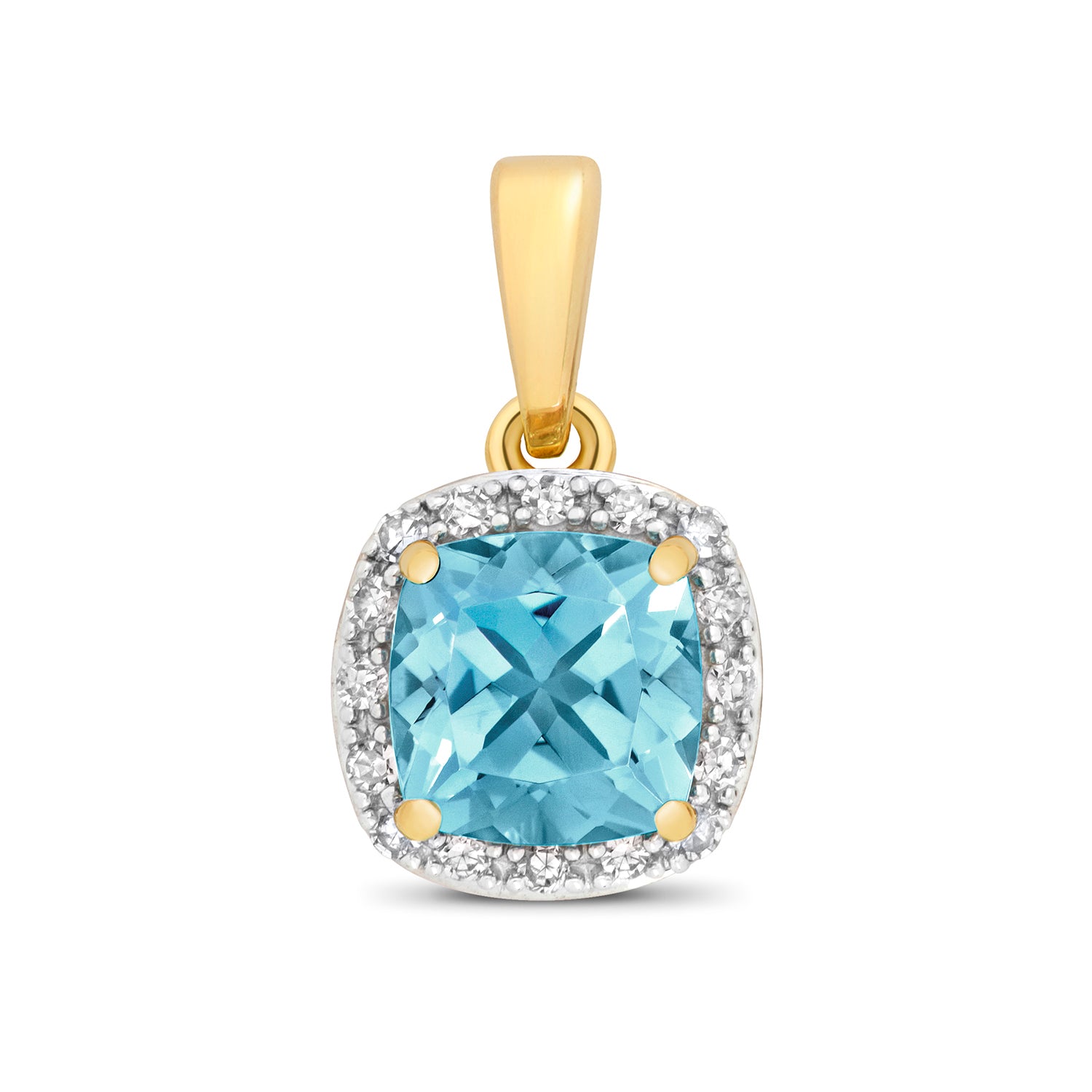 DIAMOND & LIGHT SWISS BLUE TOPAZ CUSHION CLUSTER PENDANT IN 9CT GOLD