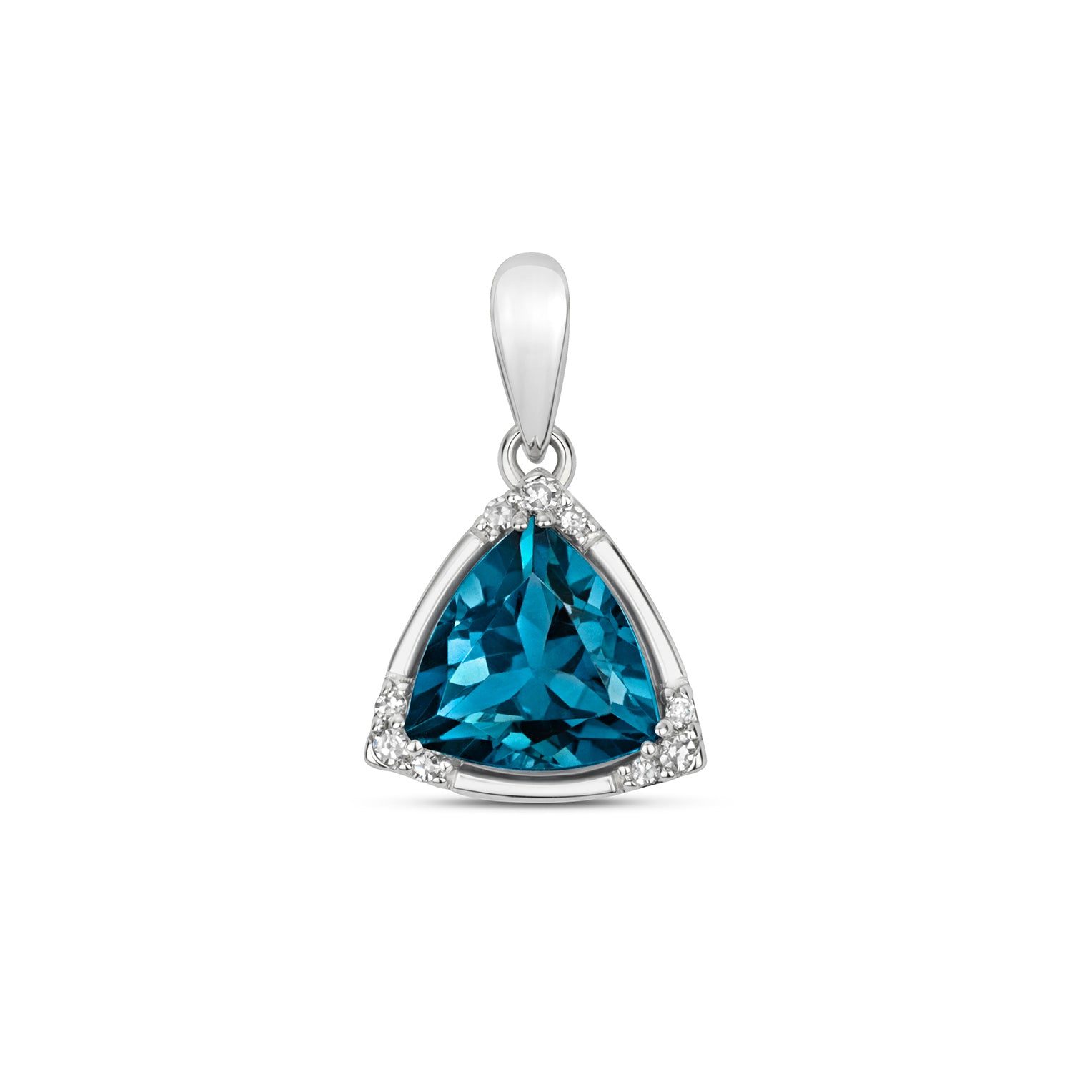 DIAMOND & LONDON BLUE TOPAZ ROUNDED TRIANGLE WITH CORNER SET PENDNT IN 9CT WHITE GOLD