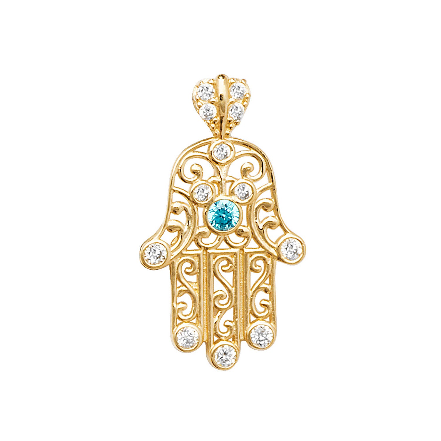 9CT GOLD WHITE AND BLUE CZ HAMSA PENDANT